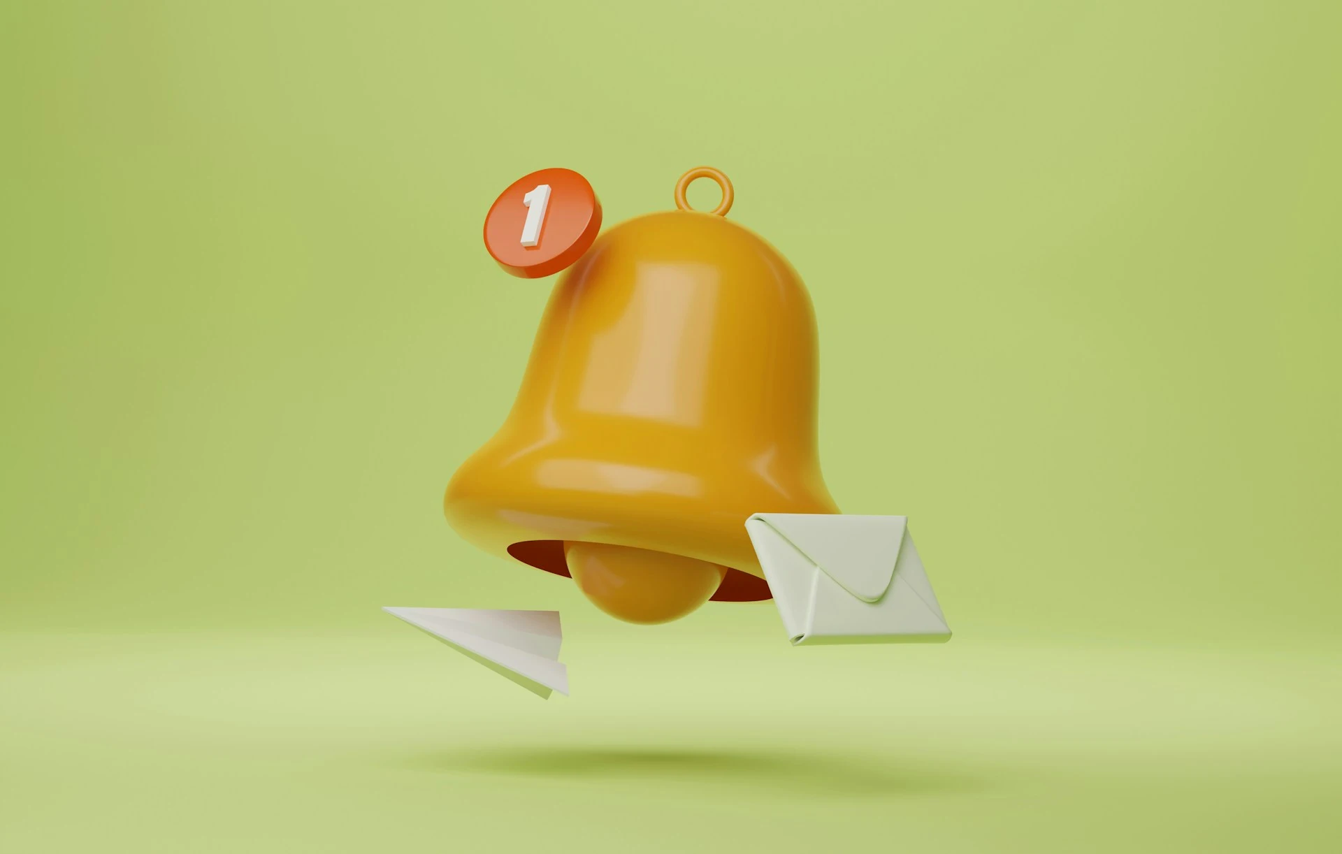 A 3D yellow notification bell, envelope, and paper plane floating on a green background.
