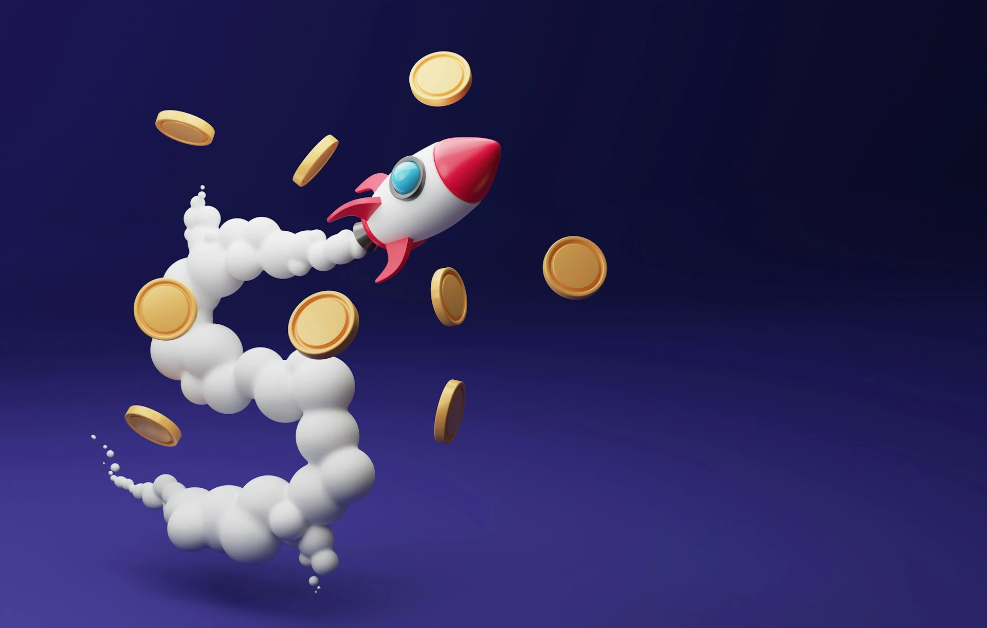 A 3D rocket launching from a dollar-sign smoke cloud surrounded by gold coins.