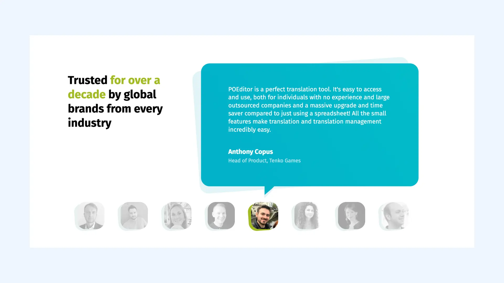 Testimonial section featuring a quote praising POEditor alongside client headshots.