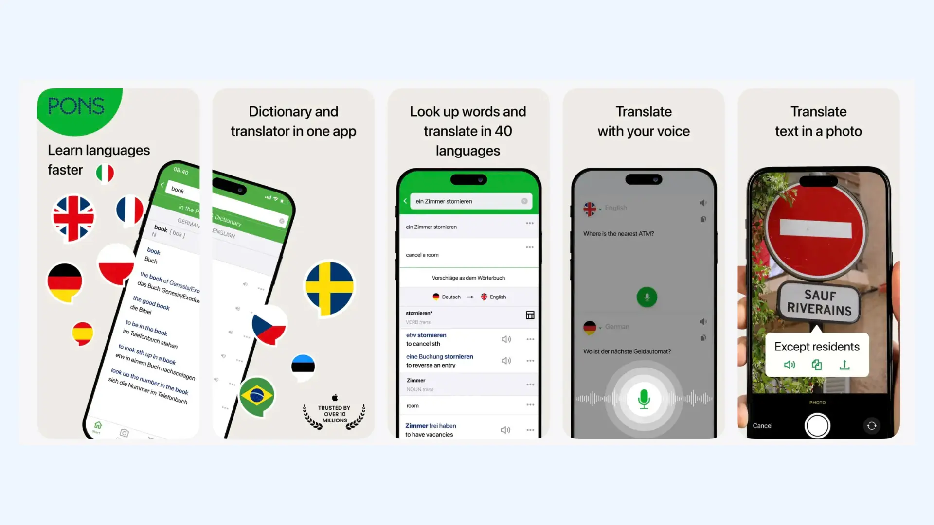 Five smartphone screenshots demonstrating PONS translation features.