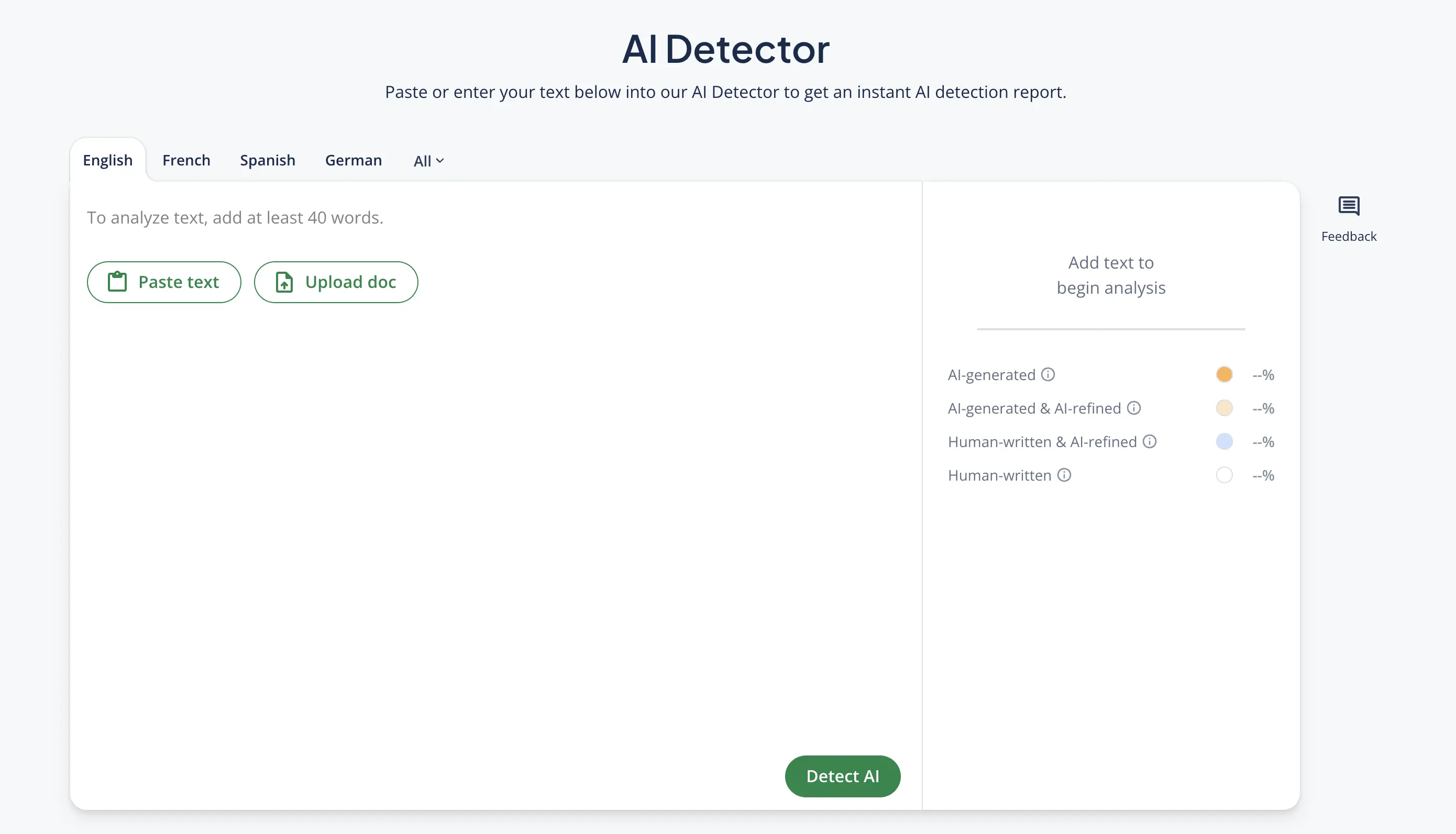 The interface of Quillbot's AI Detector.