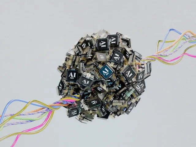 A dense ball of AI chips connected by colorful wires.