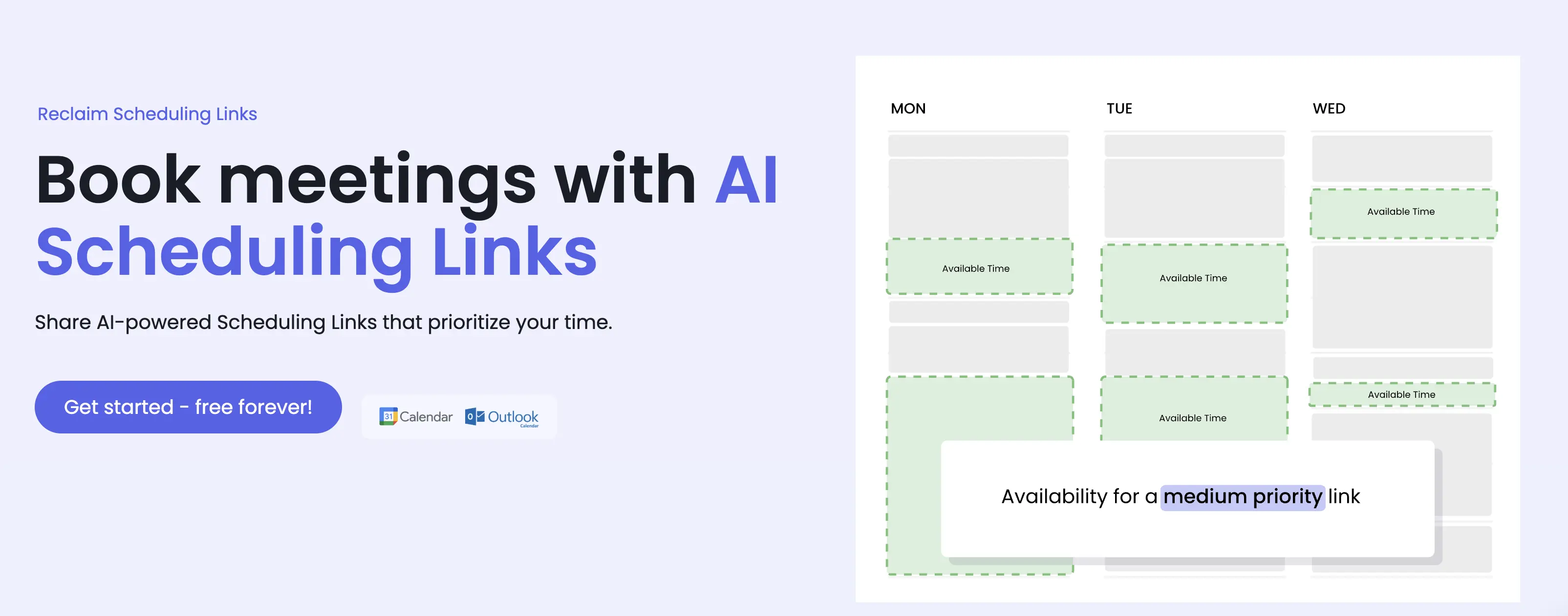 The web page of Reclaim's AI Scheduling Links feature.