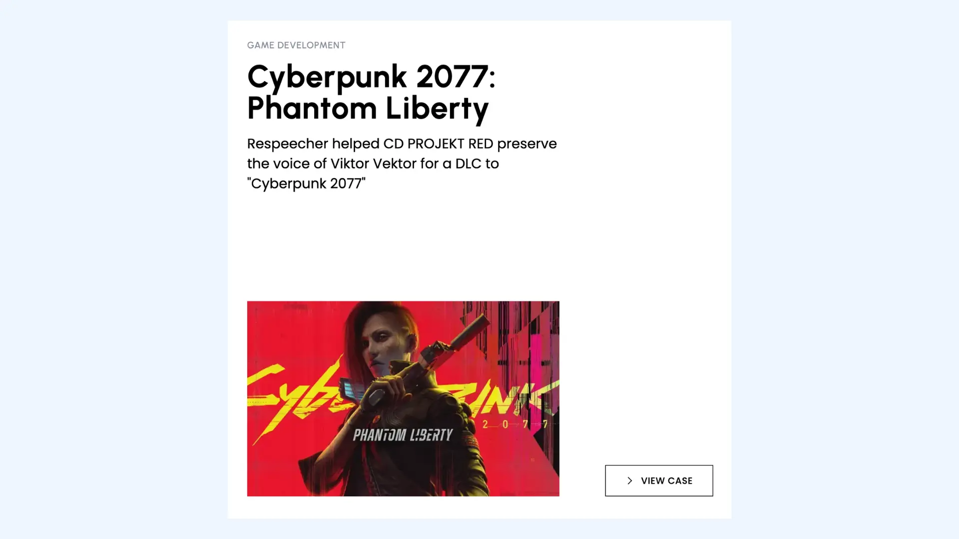 Respeecher case study card for Cyberpunk 2077: Phantom Liberty voice preservation.