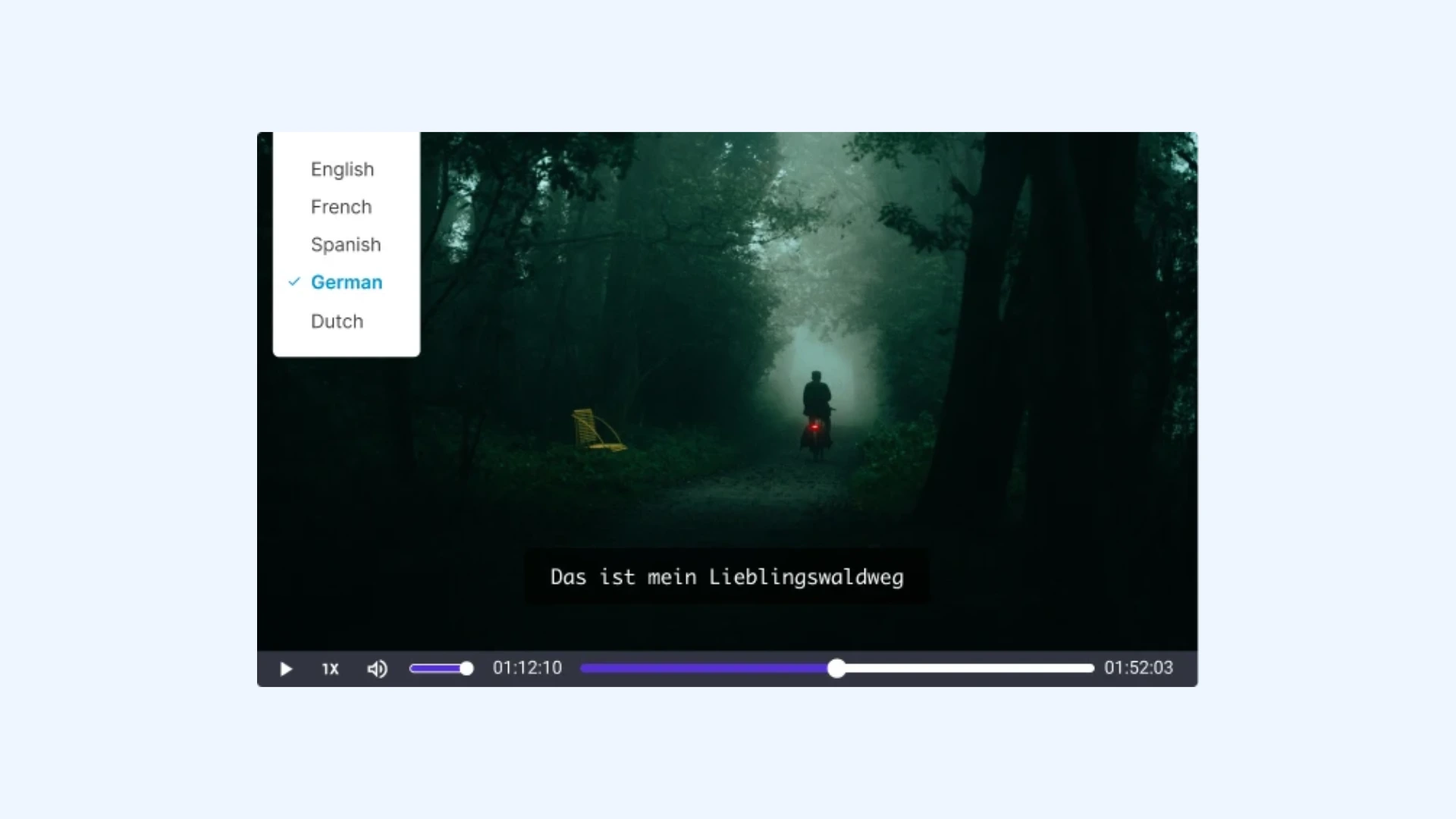 Rev interface displaying German subtitles with a language selection menu overlay.