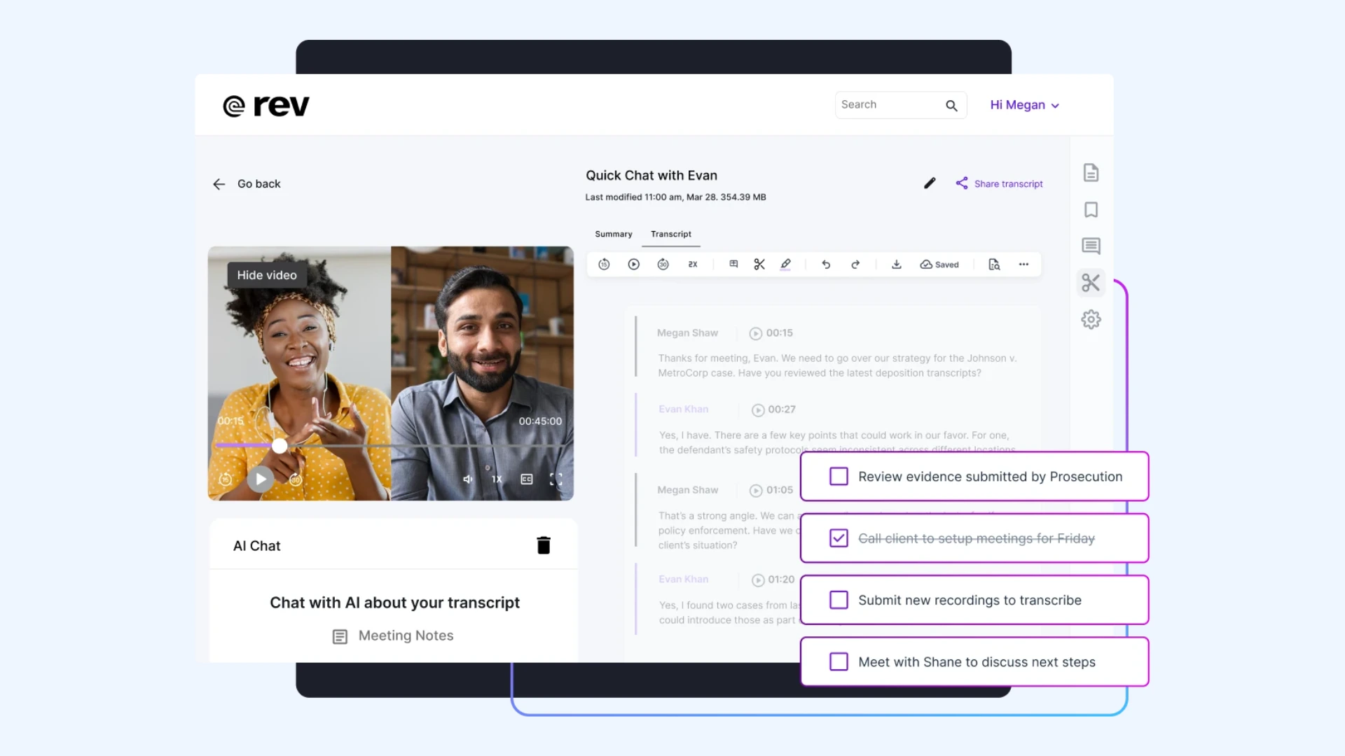 Rev dashboard showing a video call transcript and an overlay of automated meeting action items.