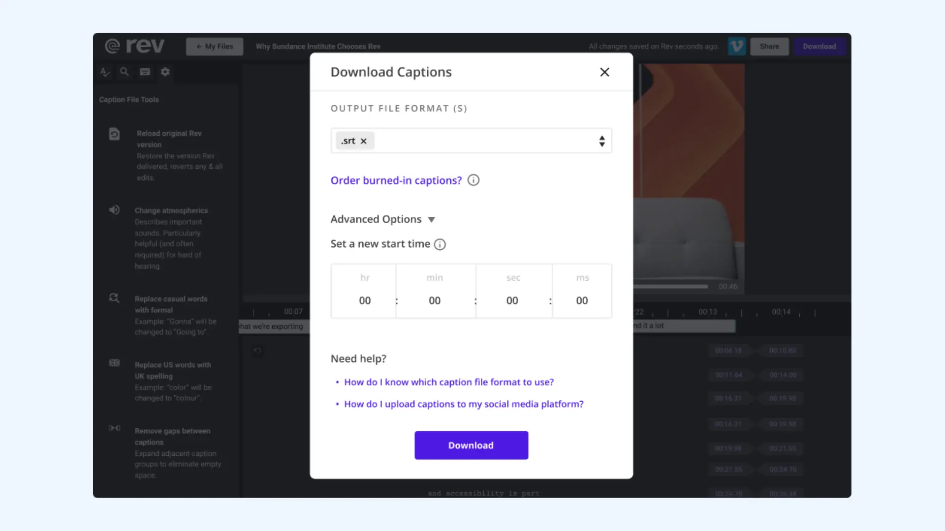The "Download Captions" window on the Rev platform.