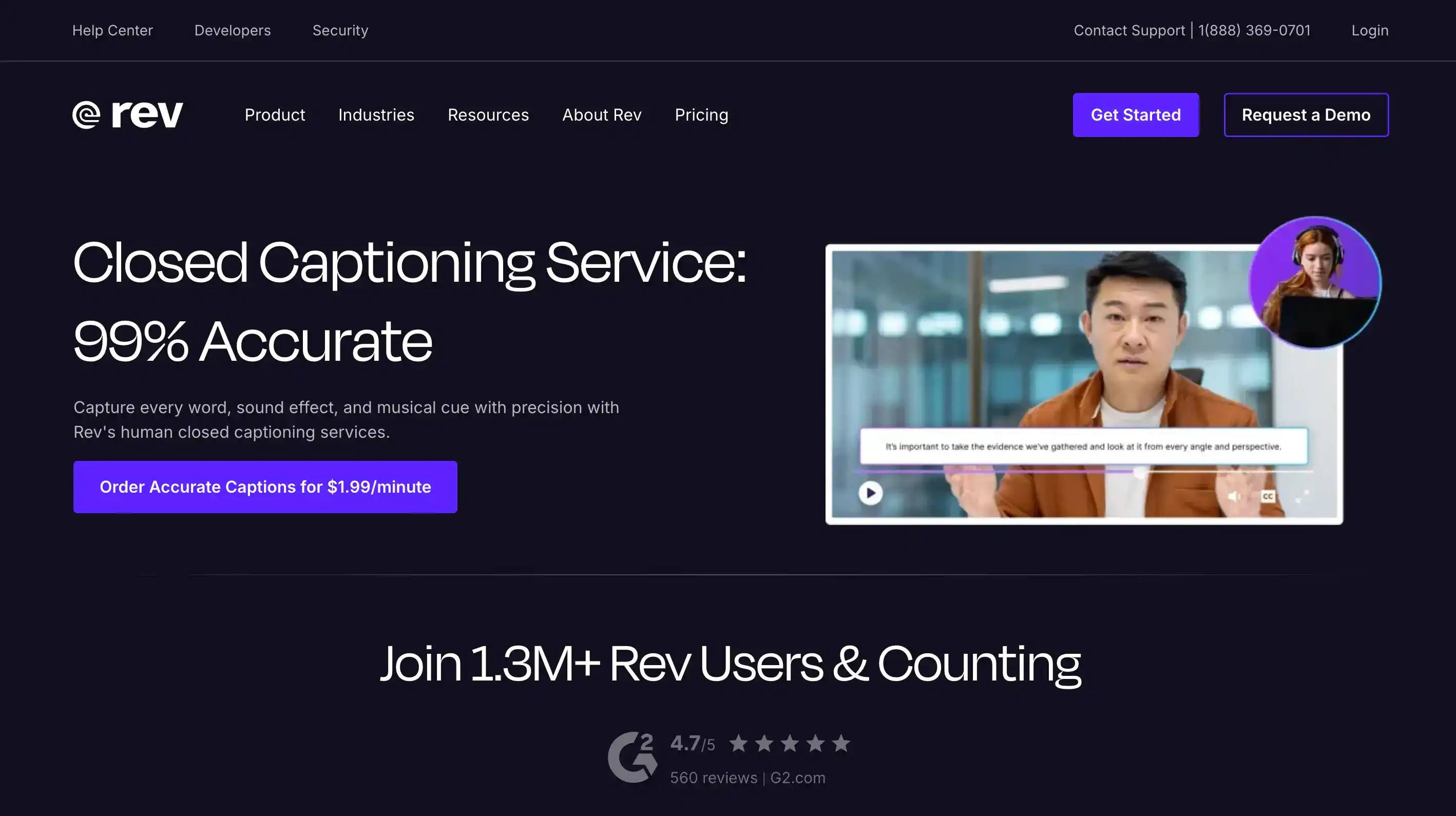Rev closed captioning service homepage showing 99% accuracy as one of the best AI subtitle generators