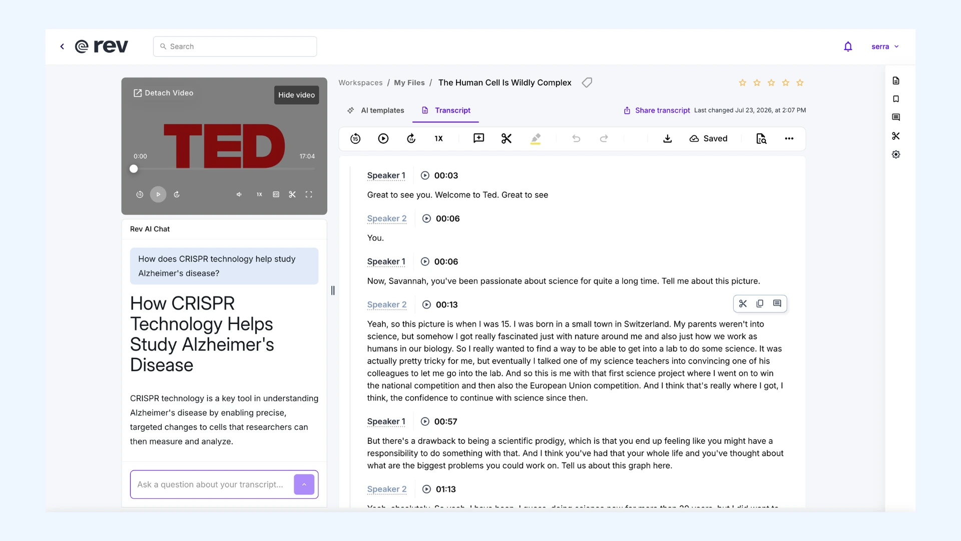Rev interface displaying a video player, interactive transcript with timestamps, and an AI chat assistant panel.