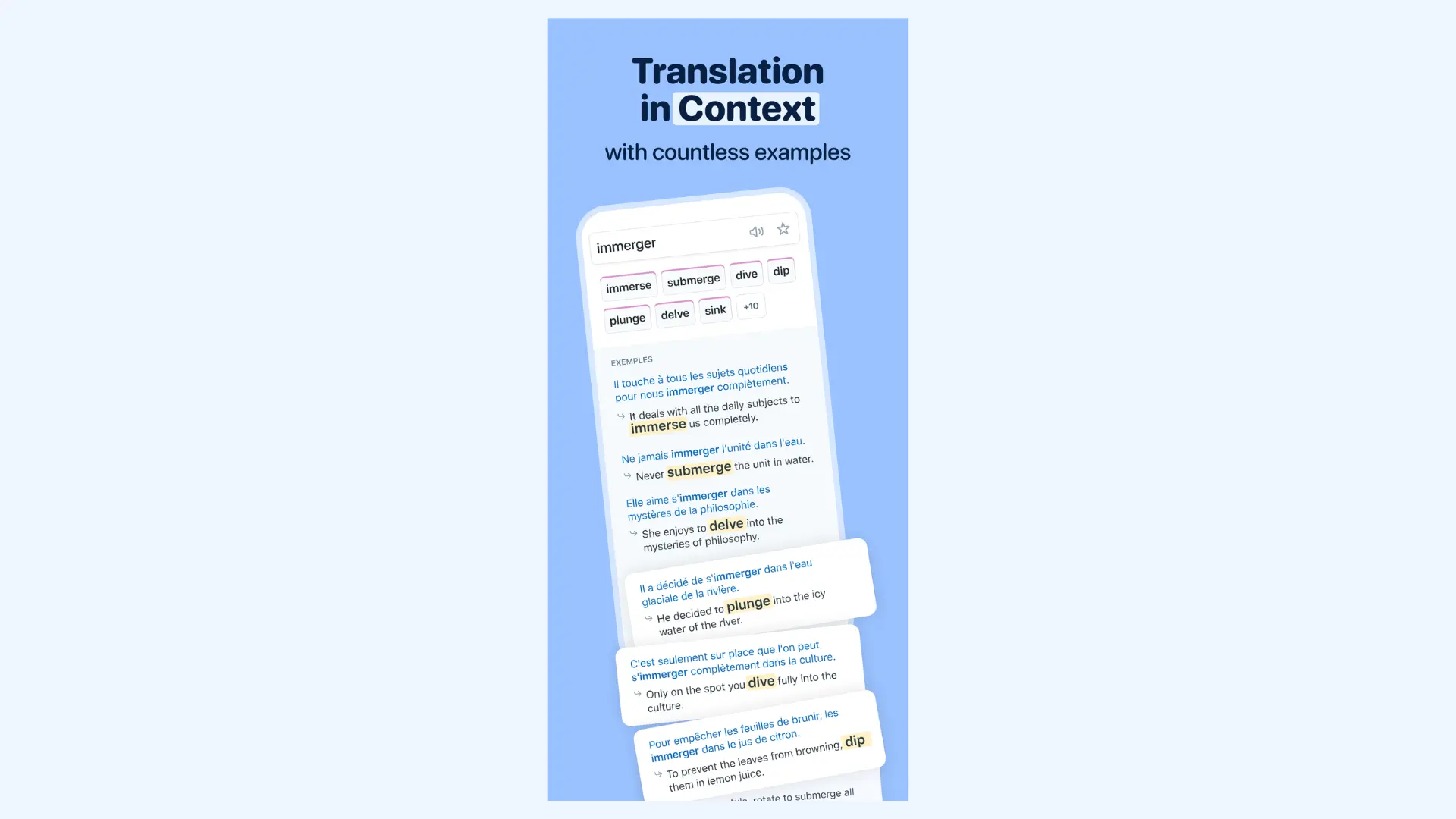 Reverso Android app showing usage examples for contextual translation. 