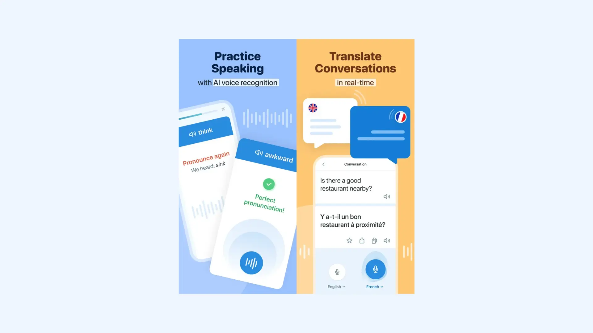 Practice and Conversation features of Reverso app.