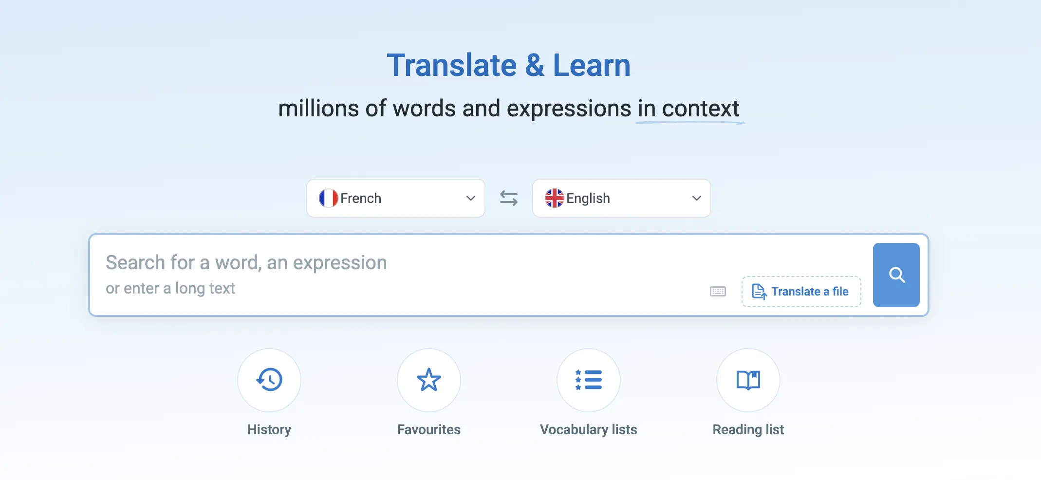The interface of Reverso Context.