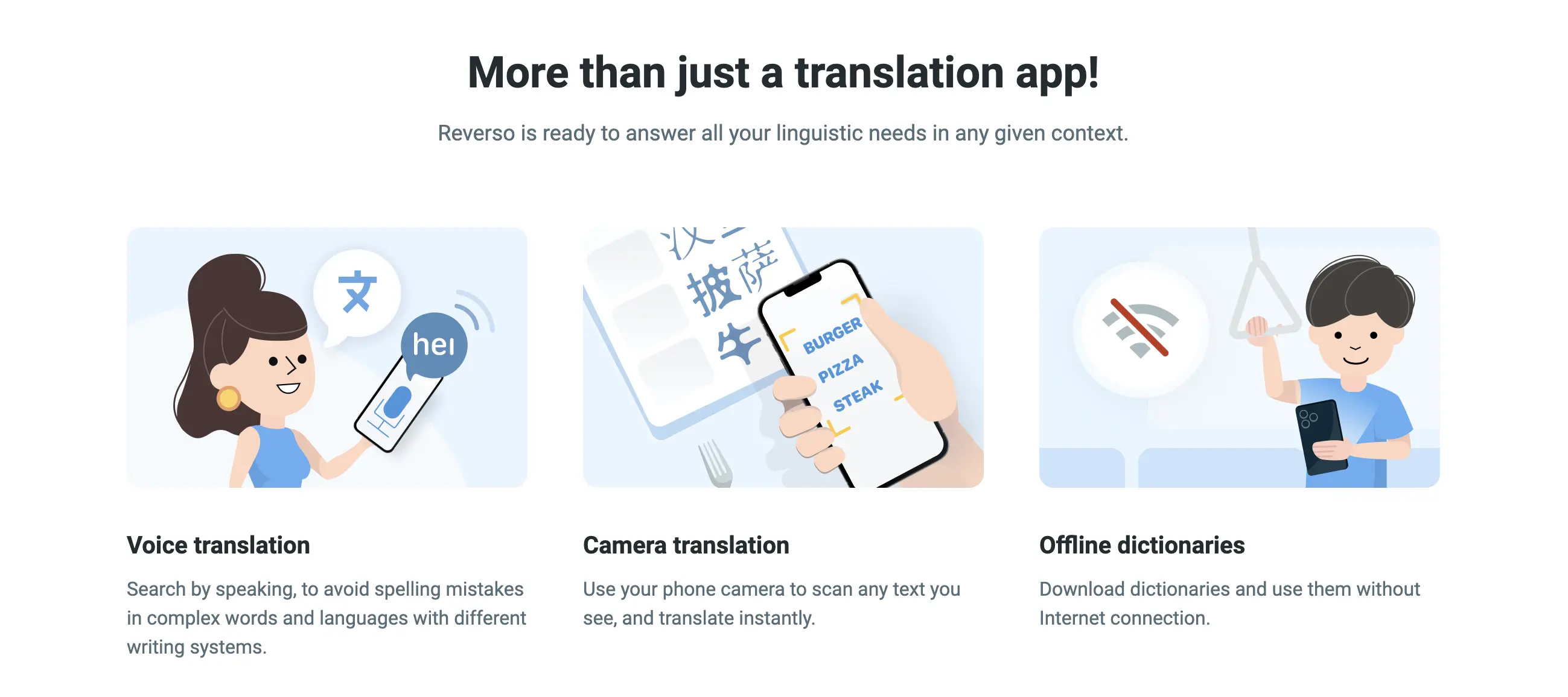 The web page of Reverso translation app highlighting voice translation.