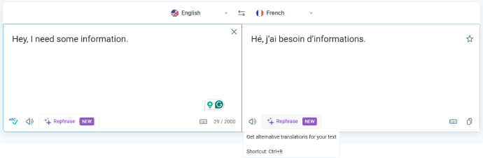 لقطة شاشة لـ Reverso وهي تعرض الترجمة إلى الفرنسية مع خيارات بديلة