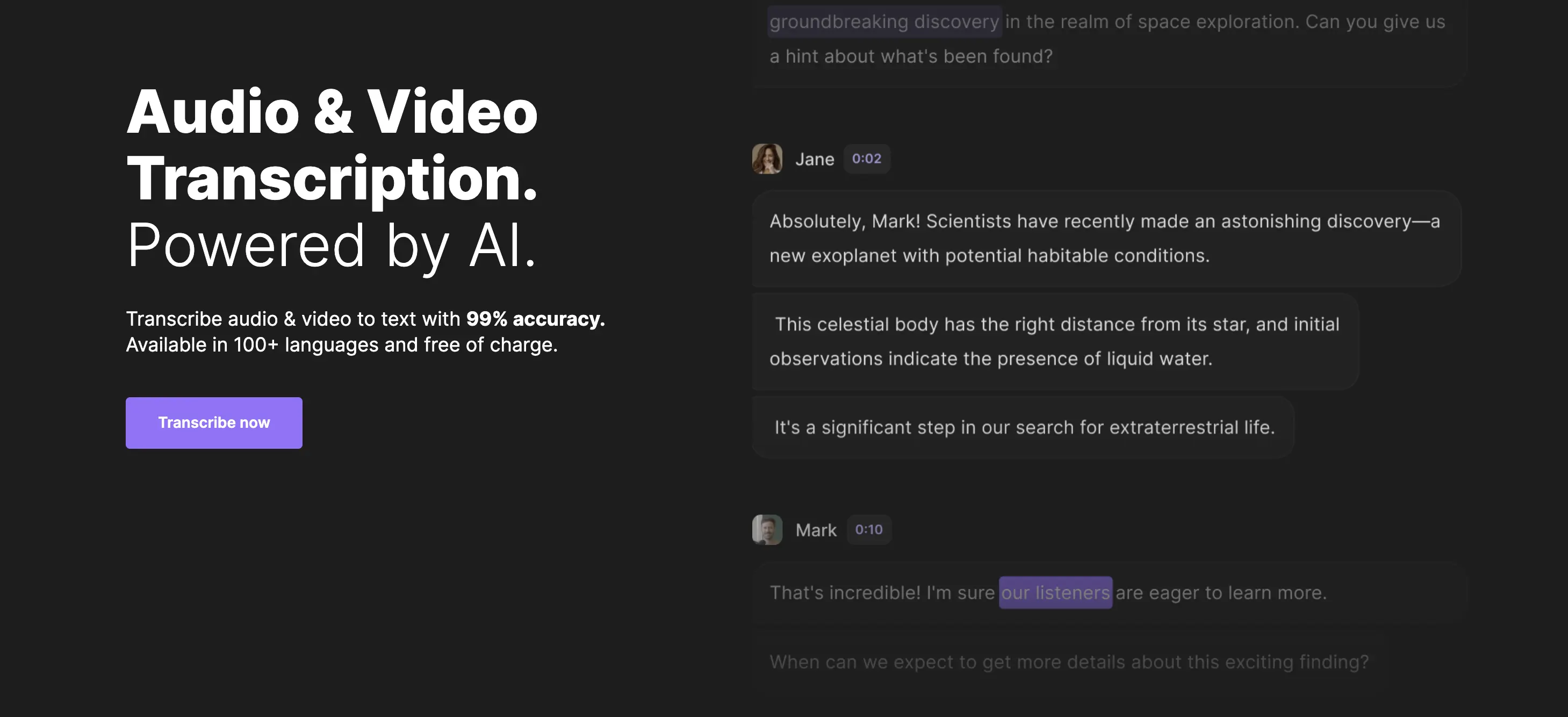 The web page of Riverside's free AI transcription software.