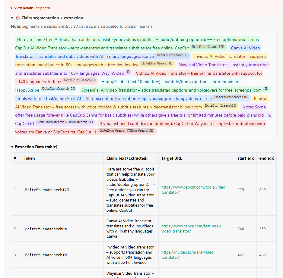 Claim segmentation showing how each ChatGPT citation maps to specific text from the source page
