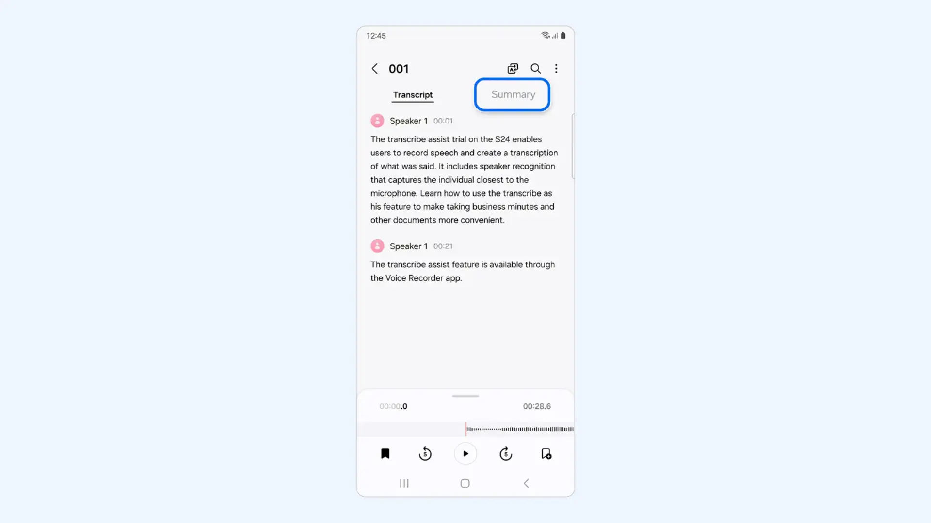 Samsung Transcript Assist interface showing speaker-labeled text with a highlighted button for generating a summary.