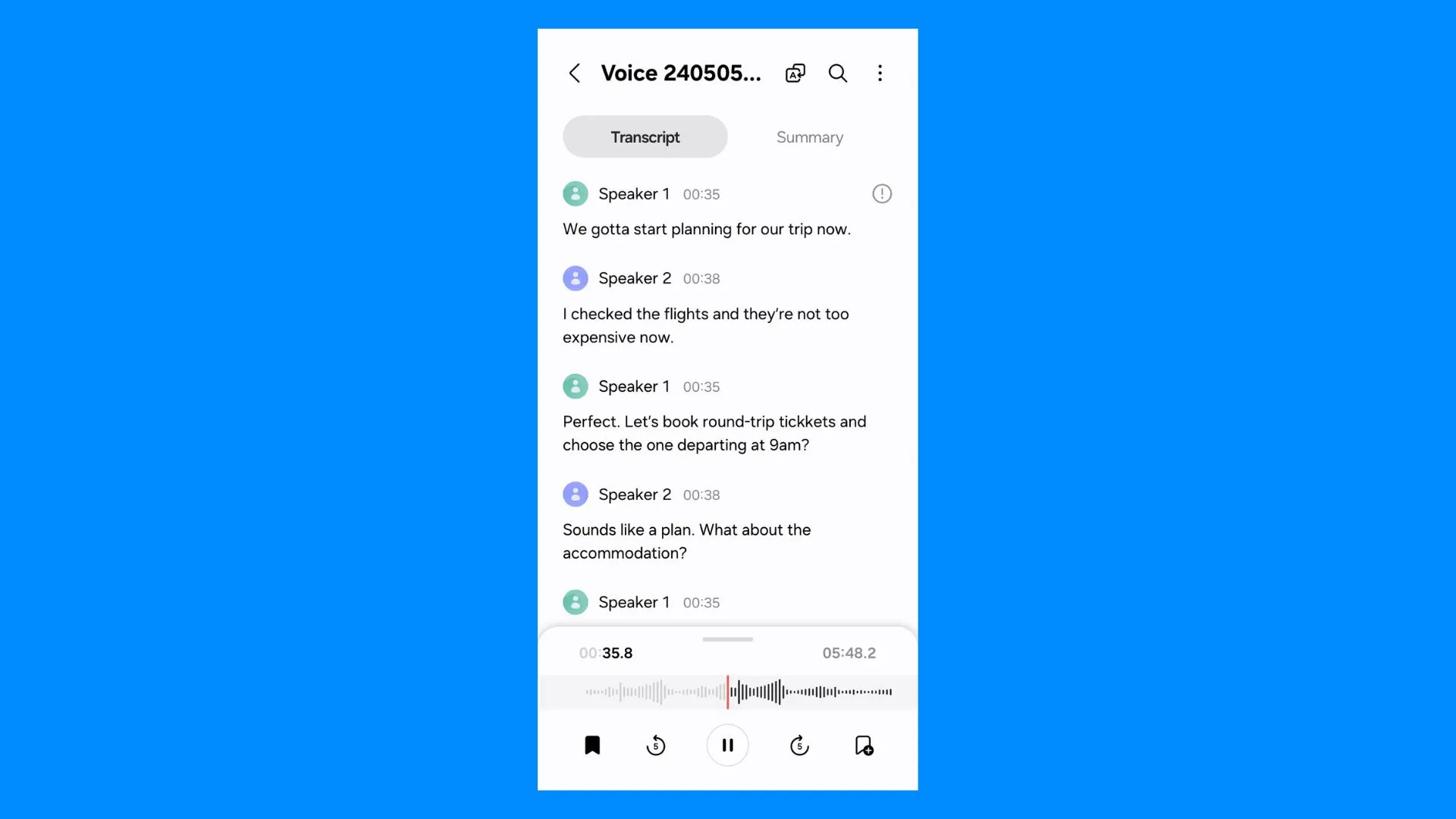 The interface of Samsung voice recorder.