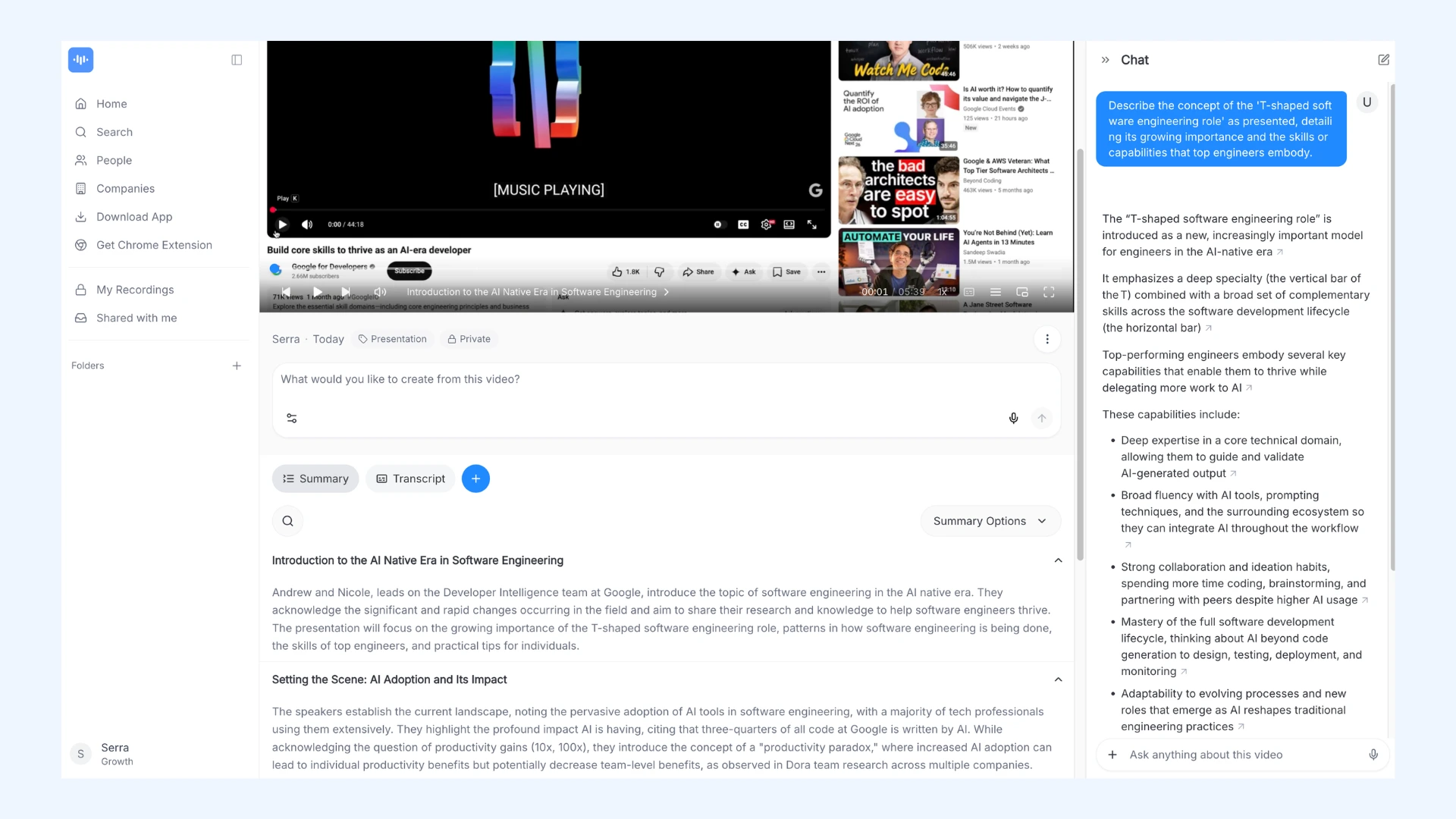 ScreenApp displaying an embedded video alongside its AI-generated summary, transcript, and interactive chat sidebar.