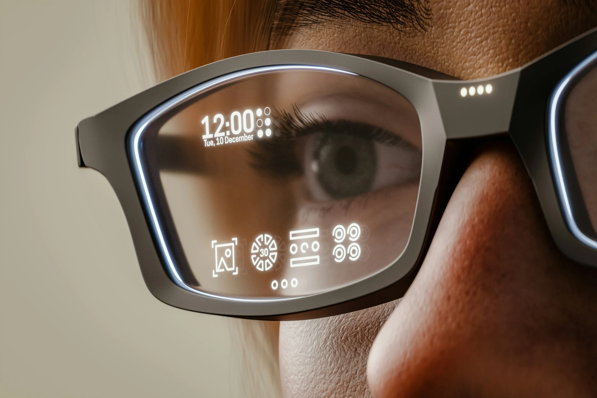 A close-up of a person wearing smart glasses.