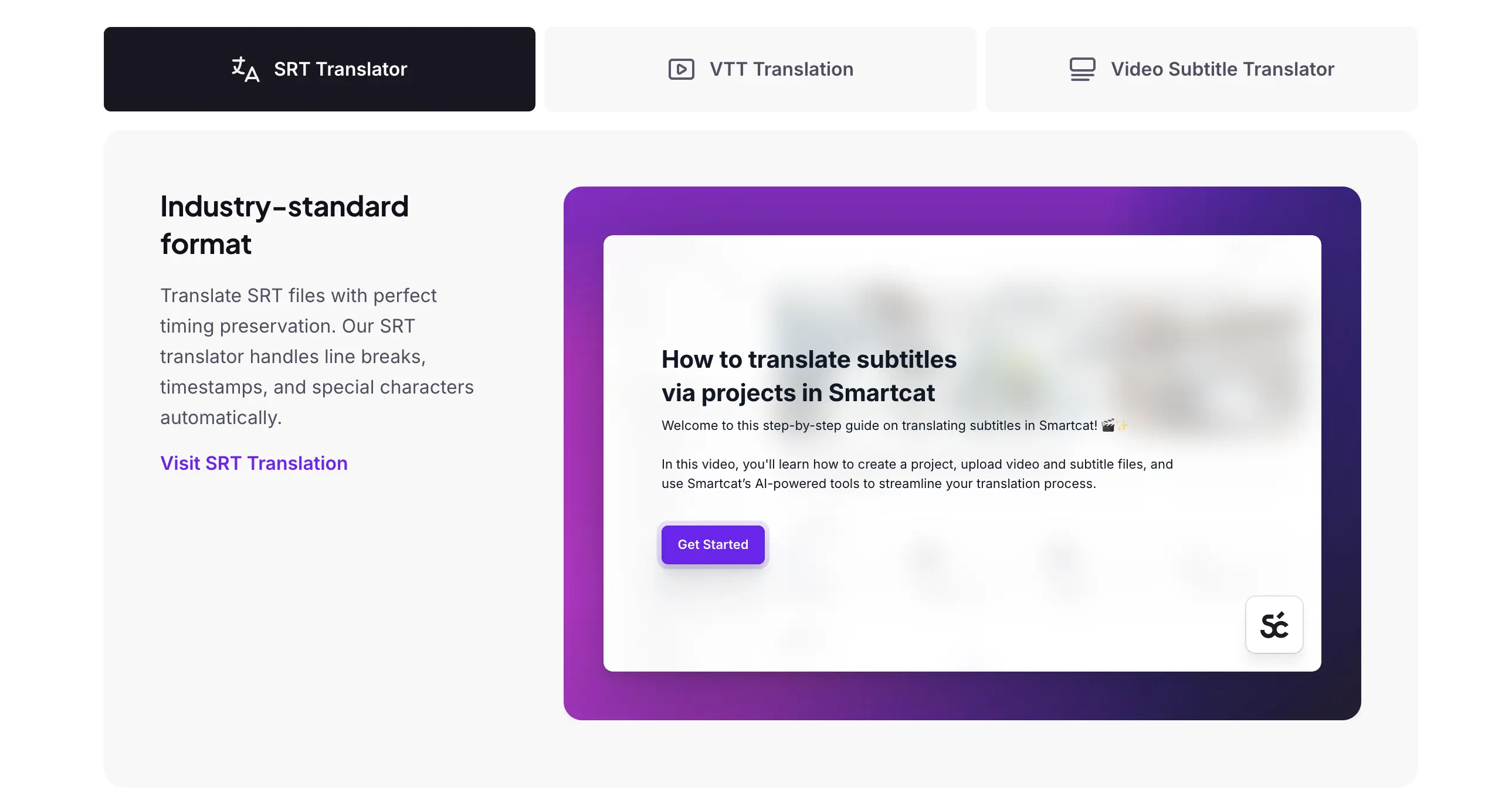 The web page of Smartcat, one of the best subtitle translation software available.