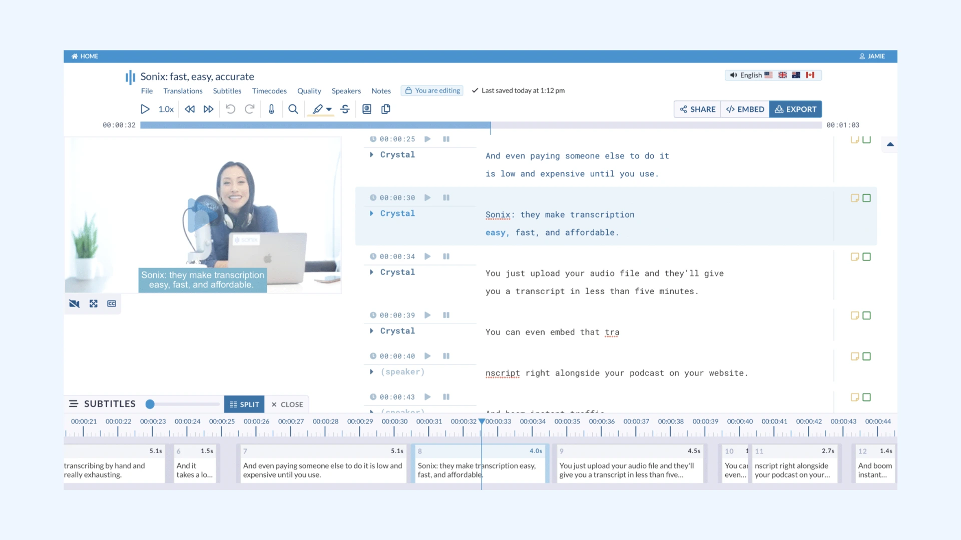 Sonix online transcription editor interface for closed captioning.