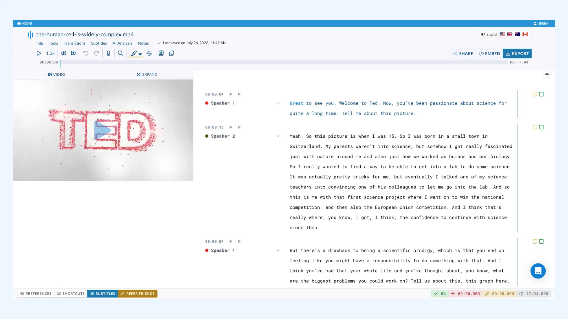 Sonix editor displaying a TED Talk video preview alongside a timecoded transcript.