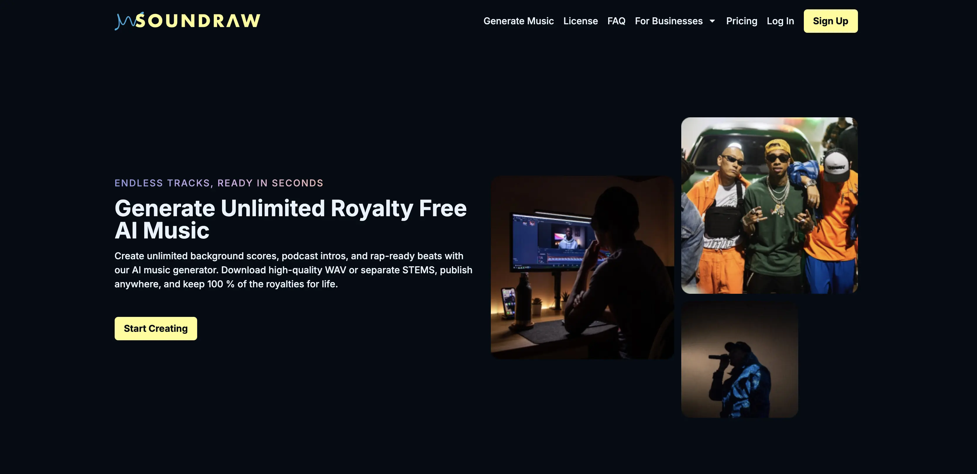 The homepage of Soundraw.