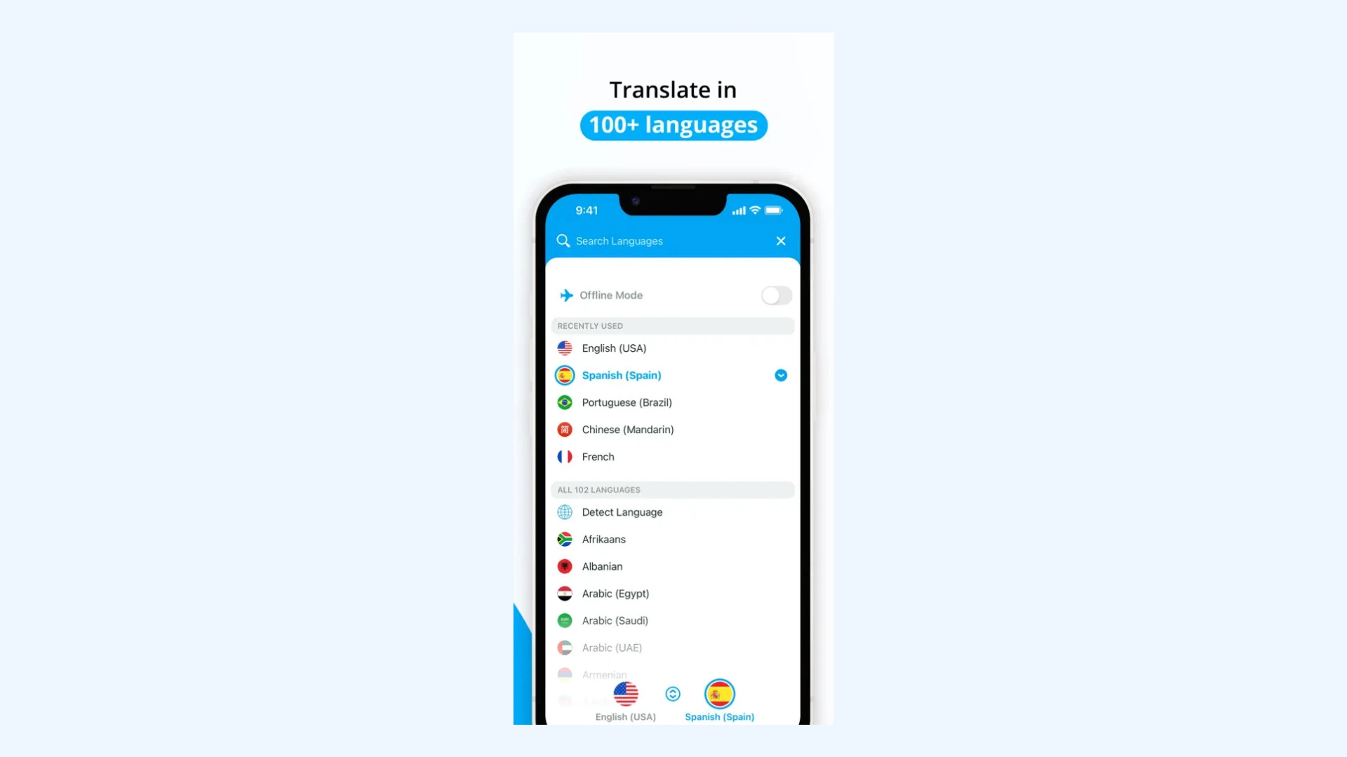 A smartphone displaying a language selection menu for the Speak & Translate app.