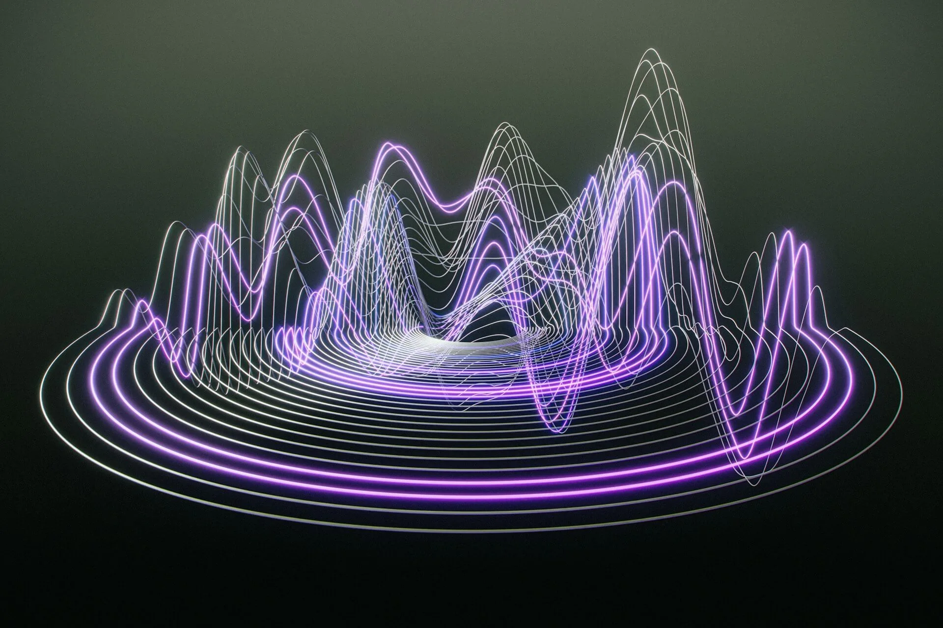 A digital 3D visualization of glowing purple and white sound waves.