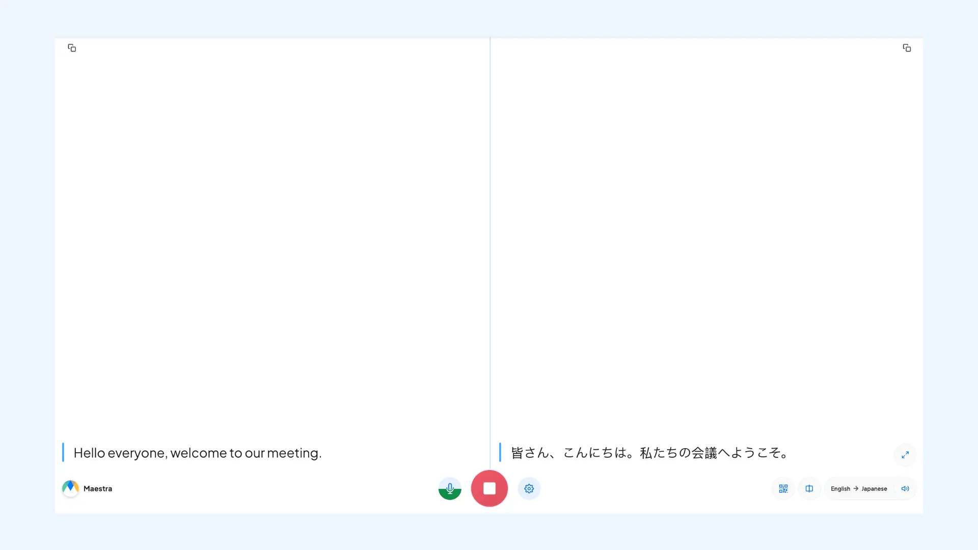 The interface of Maestra's live translator showing a translation from English to Japanese.