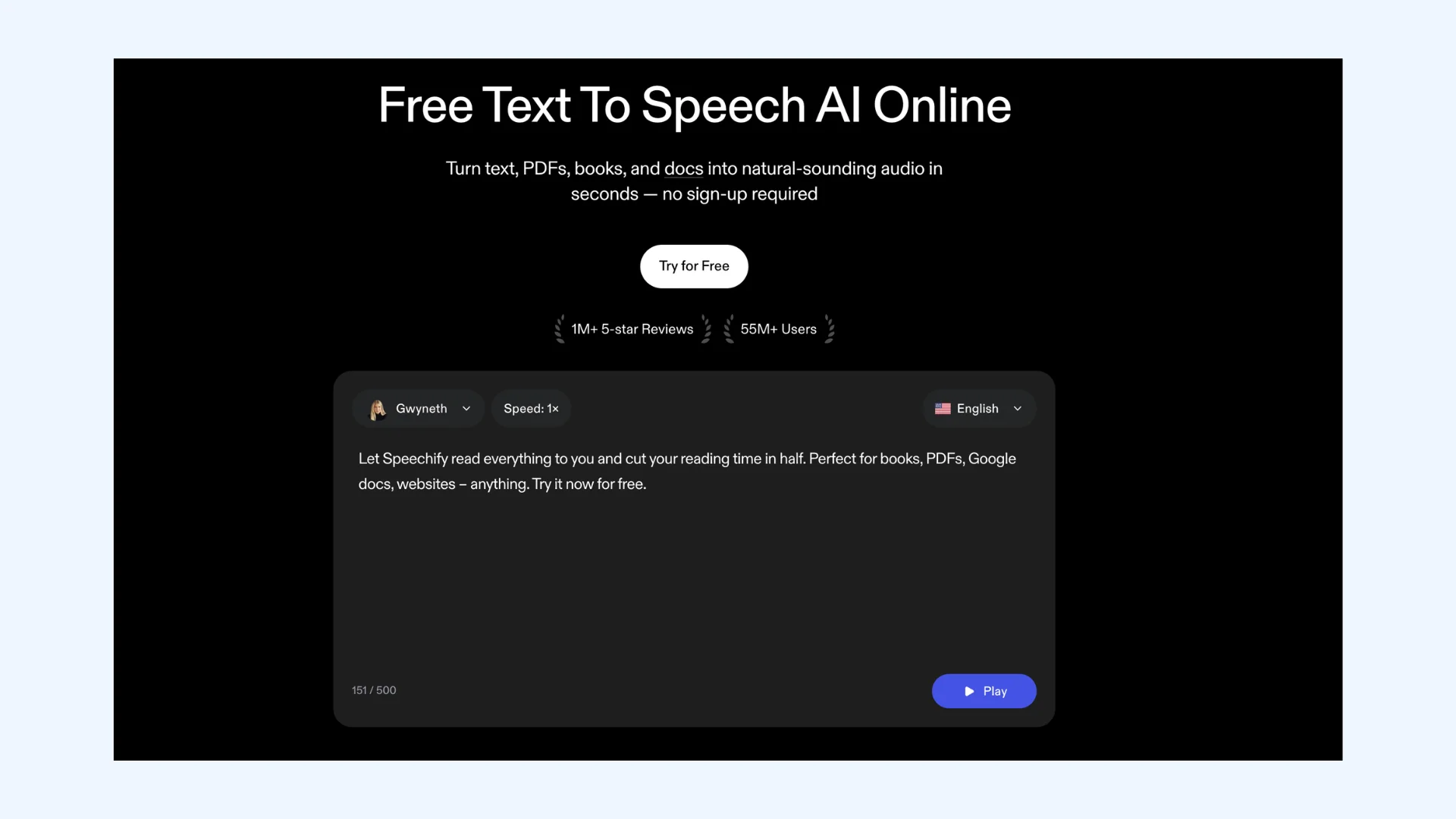 The homepage of Speechify.