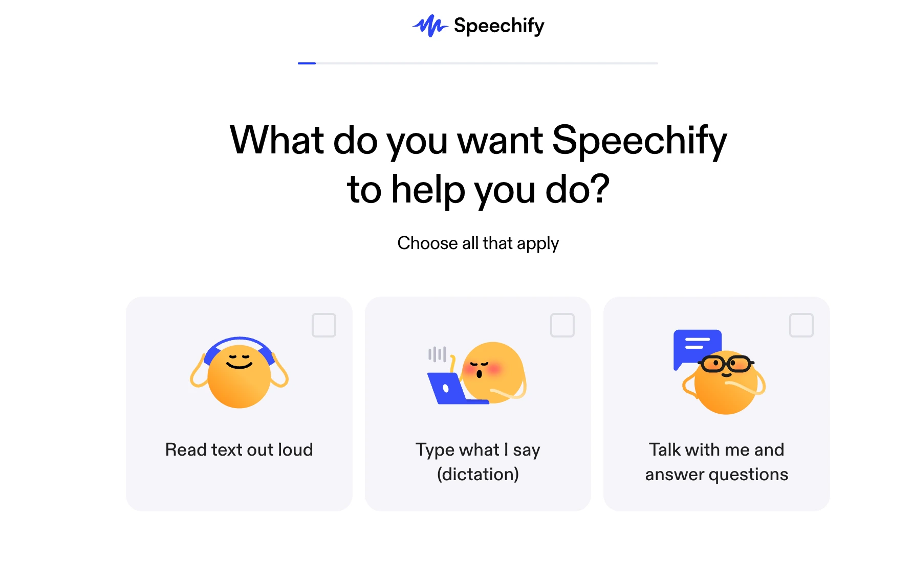 Speechify read aloud book onboarding screen for students and homework