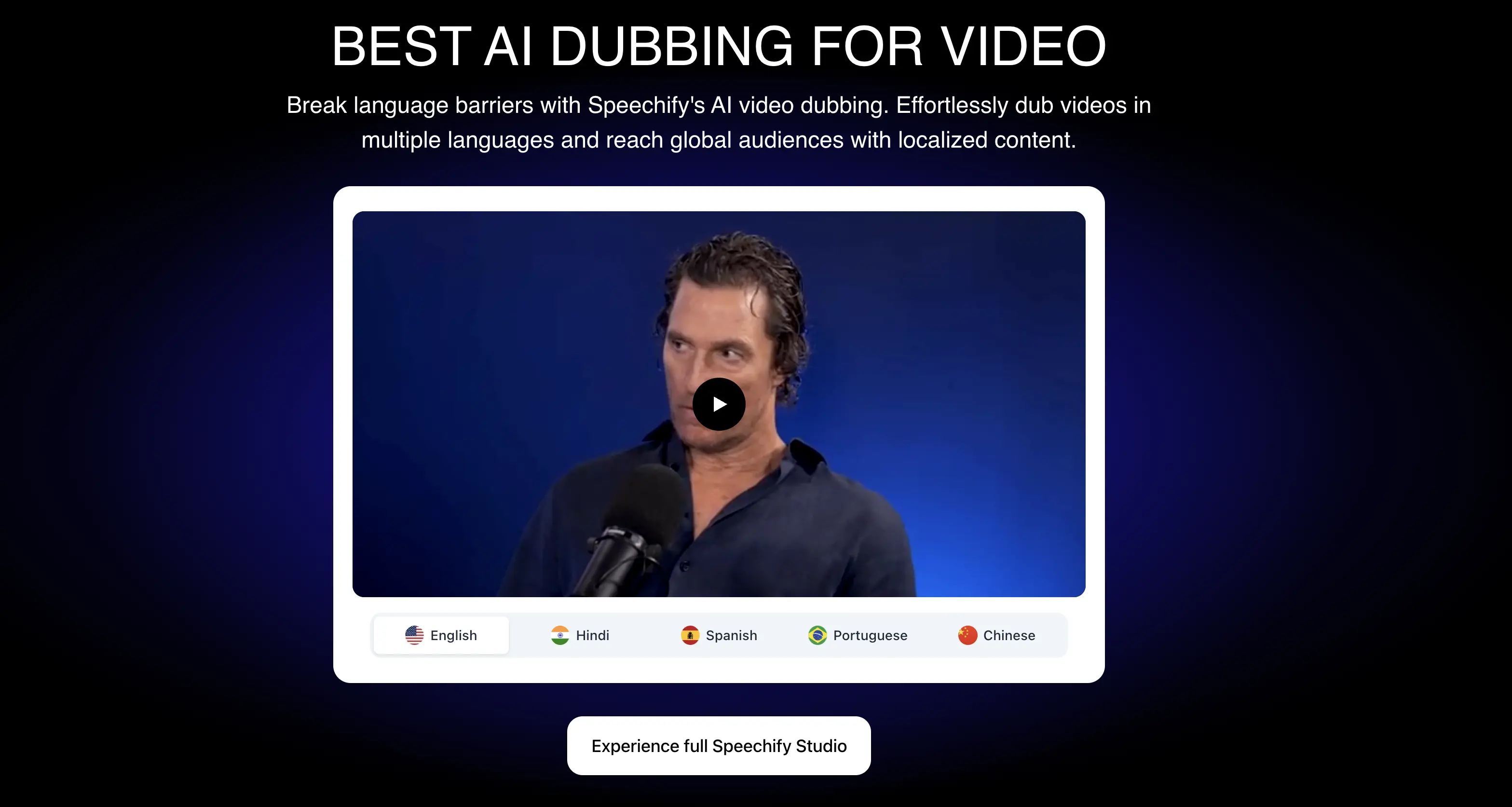 The web page of Speechify's AI video dubbing software.