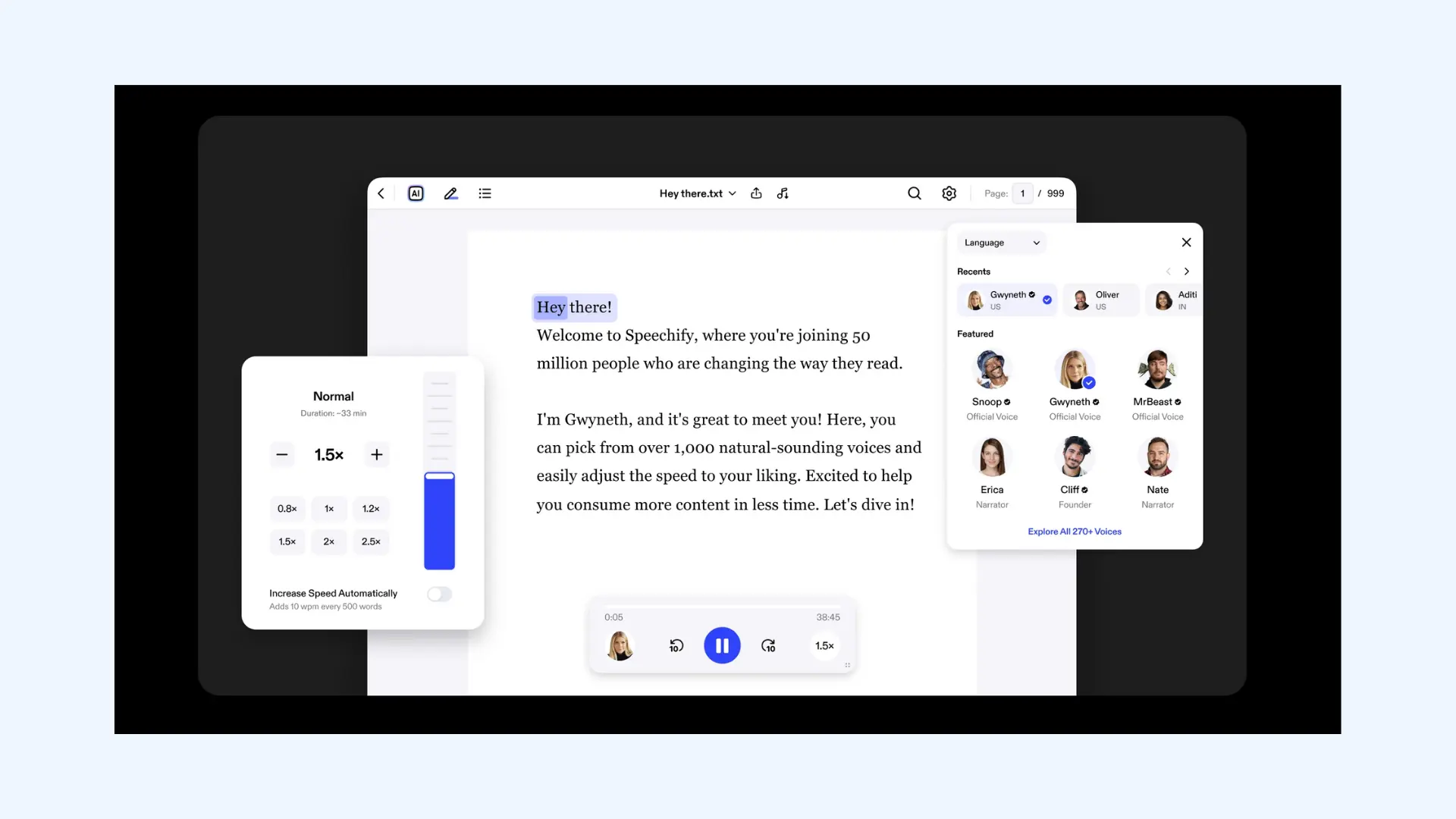 The interface of Speechify's text to speech app.