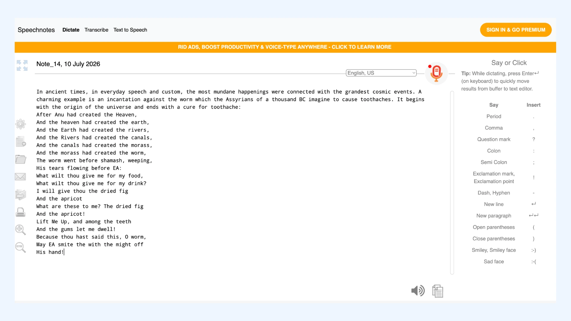 Speechnotes interface showing transcribed text in a note editor and a sidebar with punctuation commands.