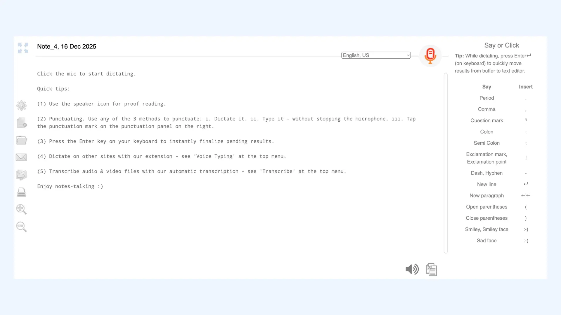 The interface of Speechnotes.