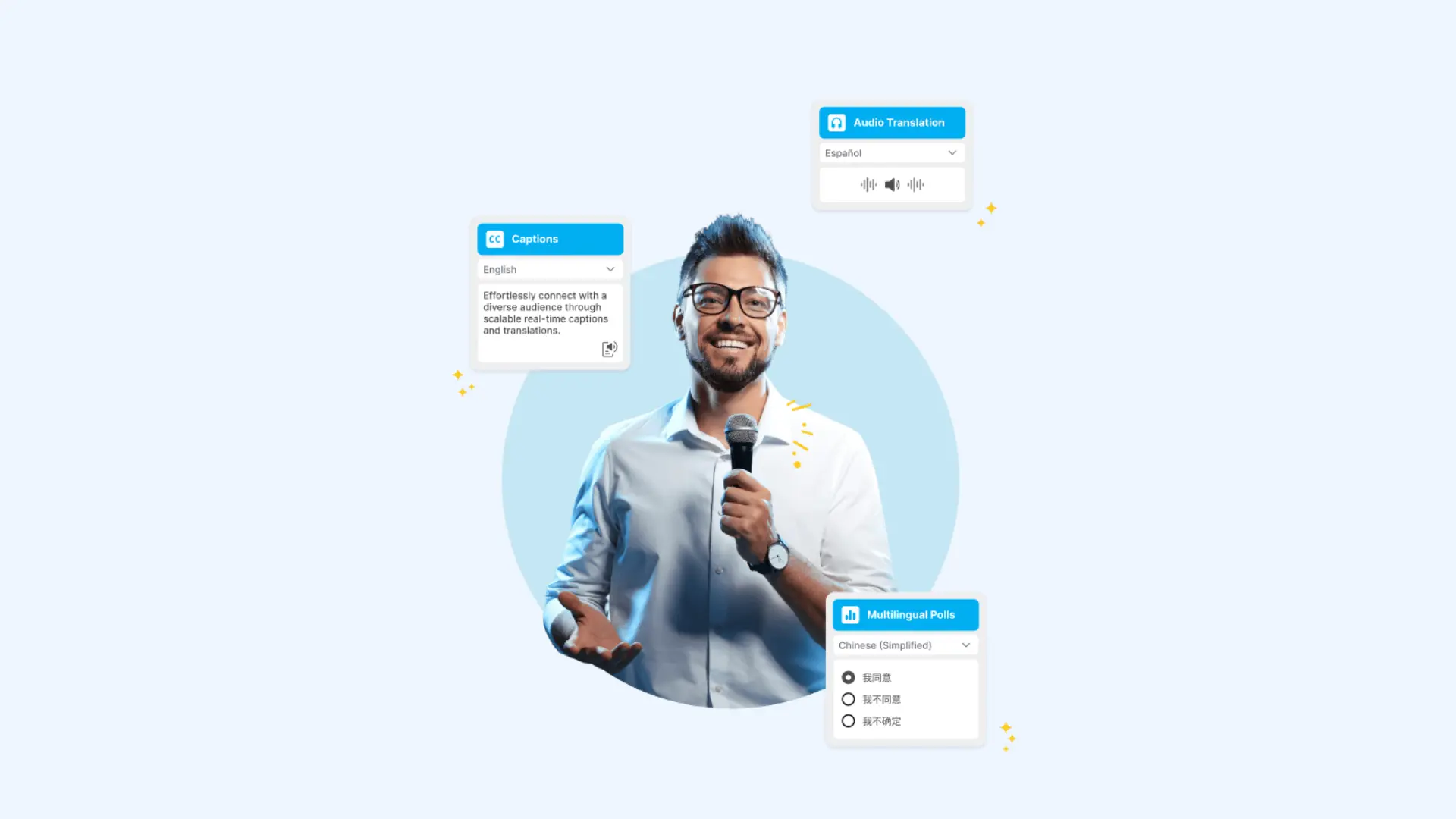 Speaker holding a microphone surrounded by spf.io UI popups for real-time captions and audio translation.