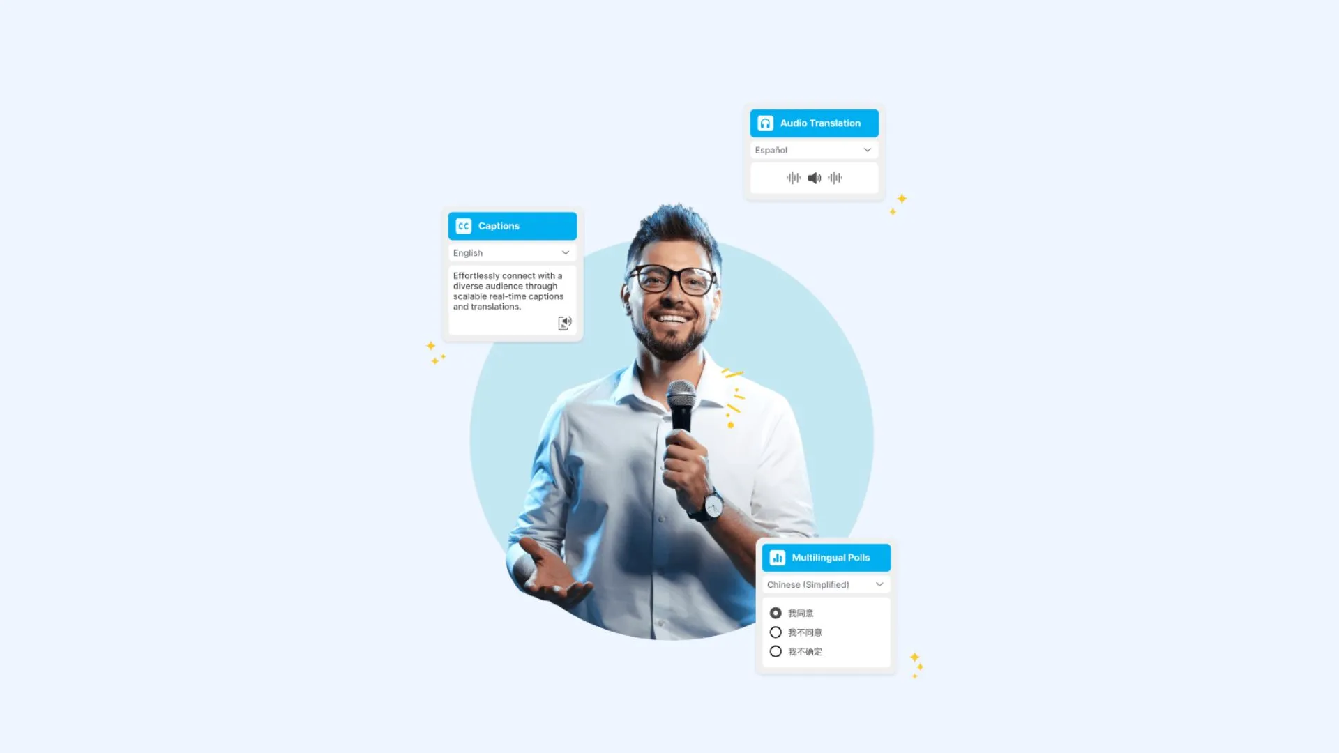An illustration of Spf.io's platform for multilingual events.