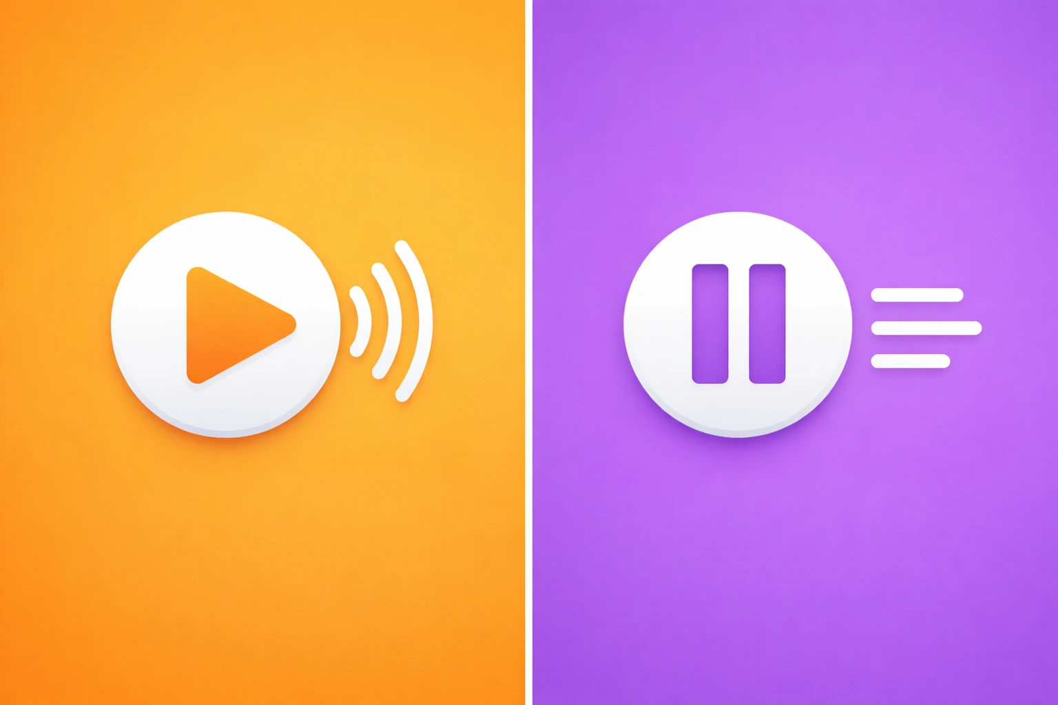 Split-screen graphic of a "play" icon on orange and a "pause" icon on purple.