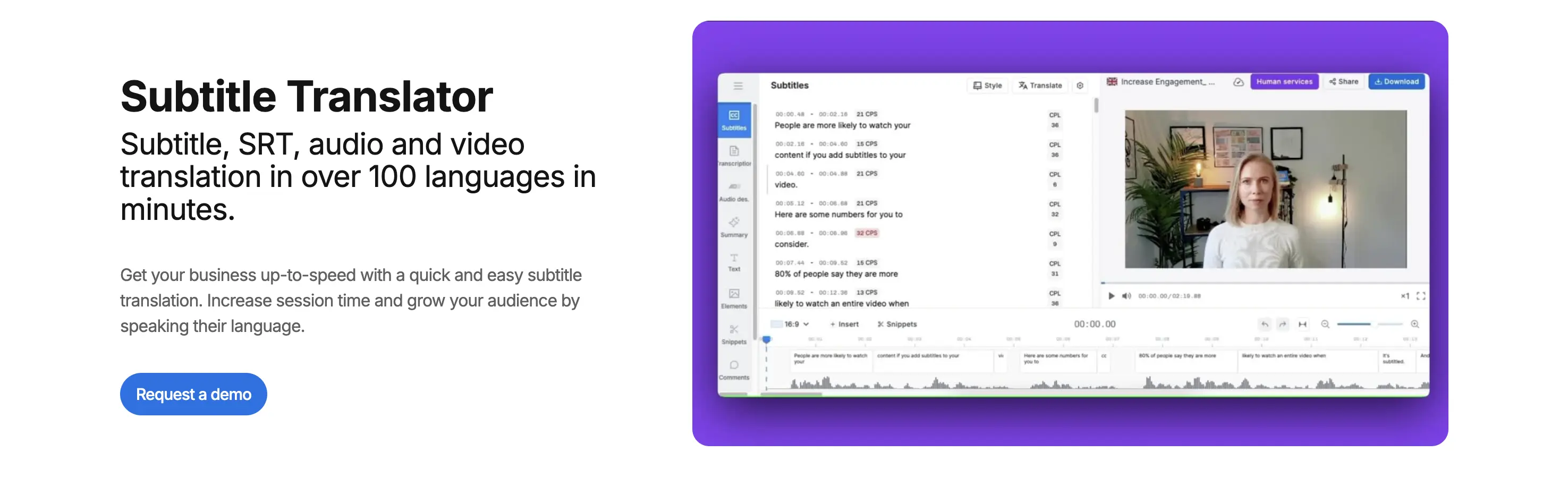 The web page of Subly's subtitle translation software.