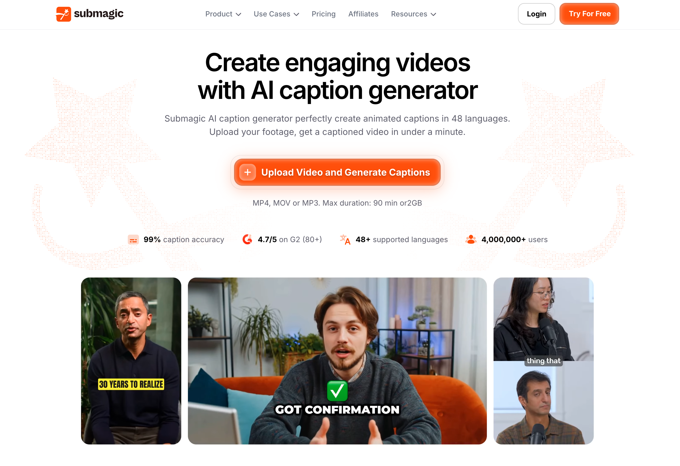 Submagic AI subtitle generator interface showing animated styled captions for TikTok and Reels
