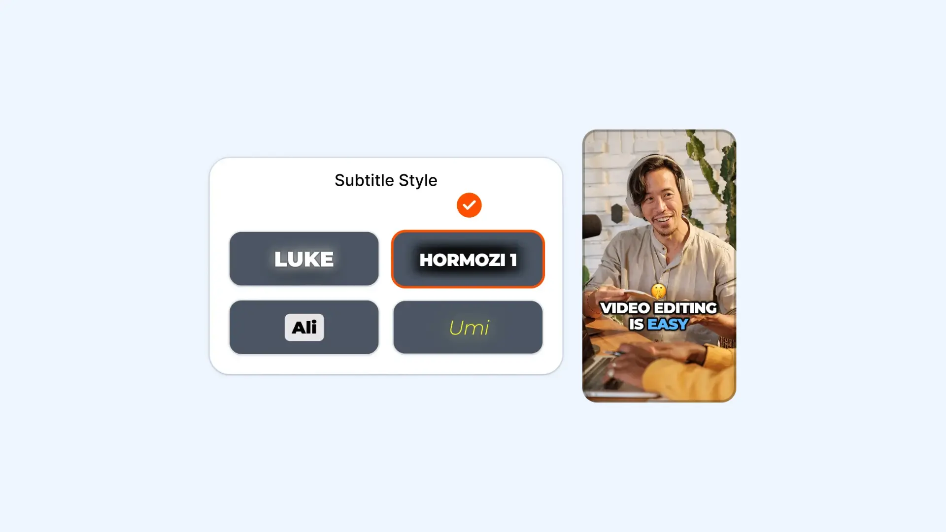Submagic's subtitle style selection menu next to a mobile video preview showing animated text.