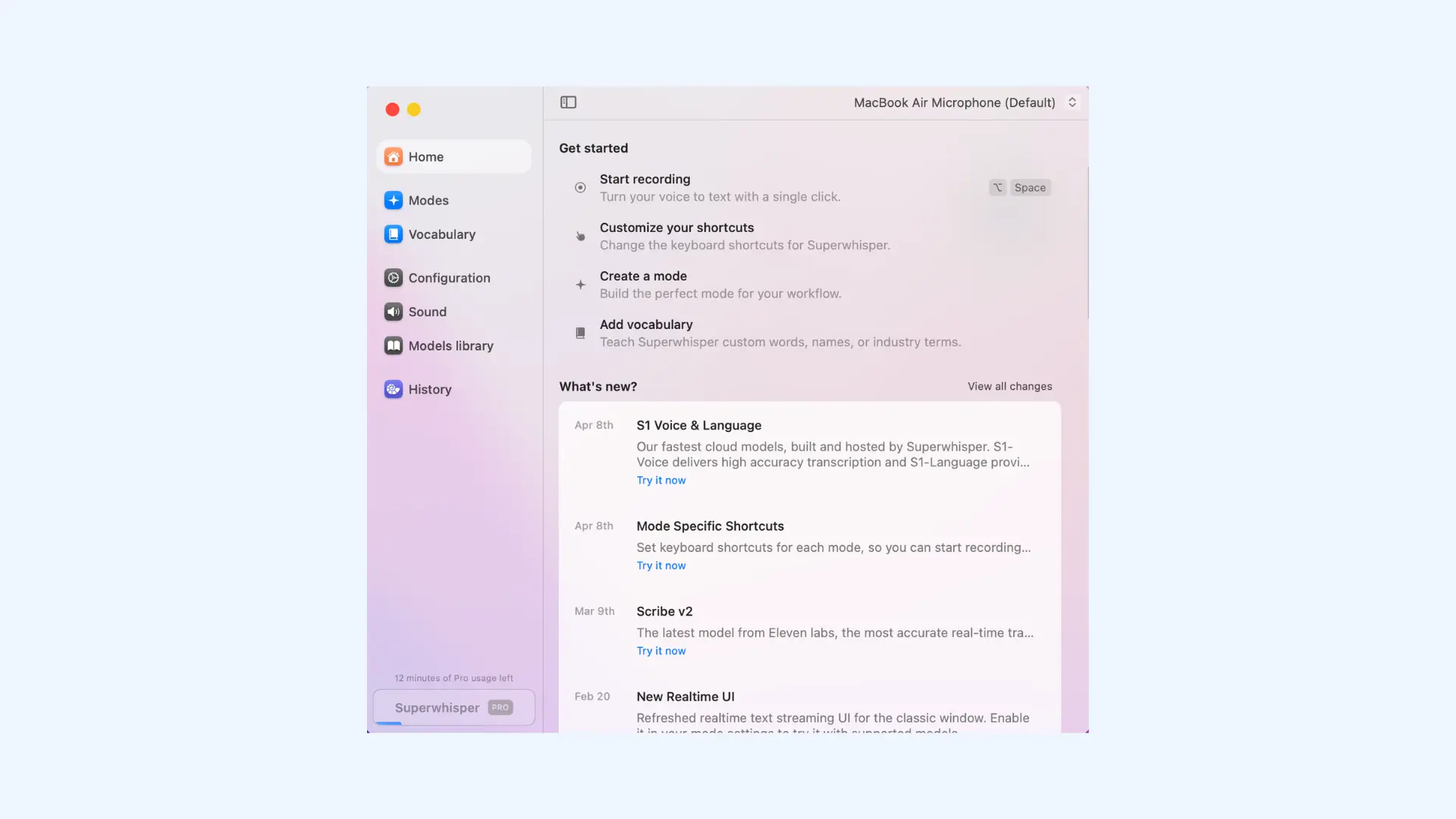 Superwhisper desktop app home screen, displaying a "Get started" checklist.
