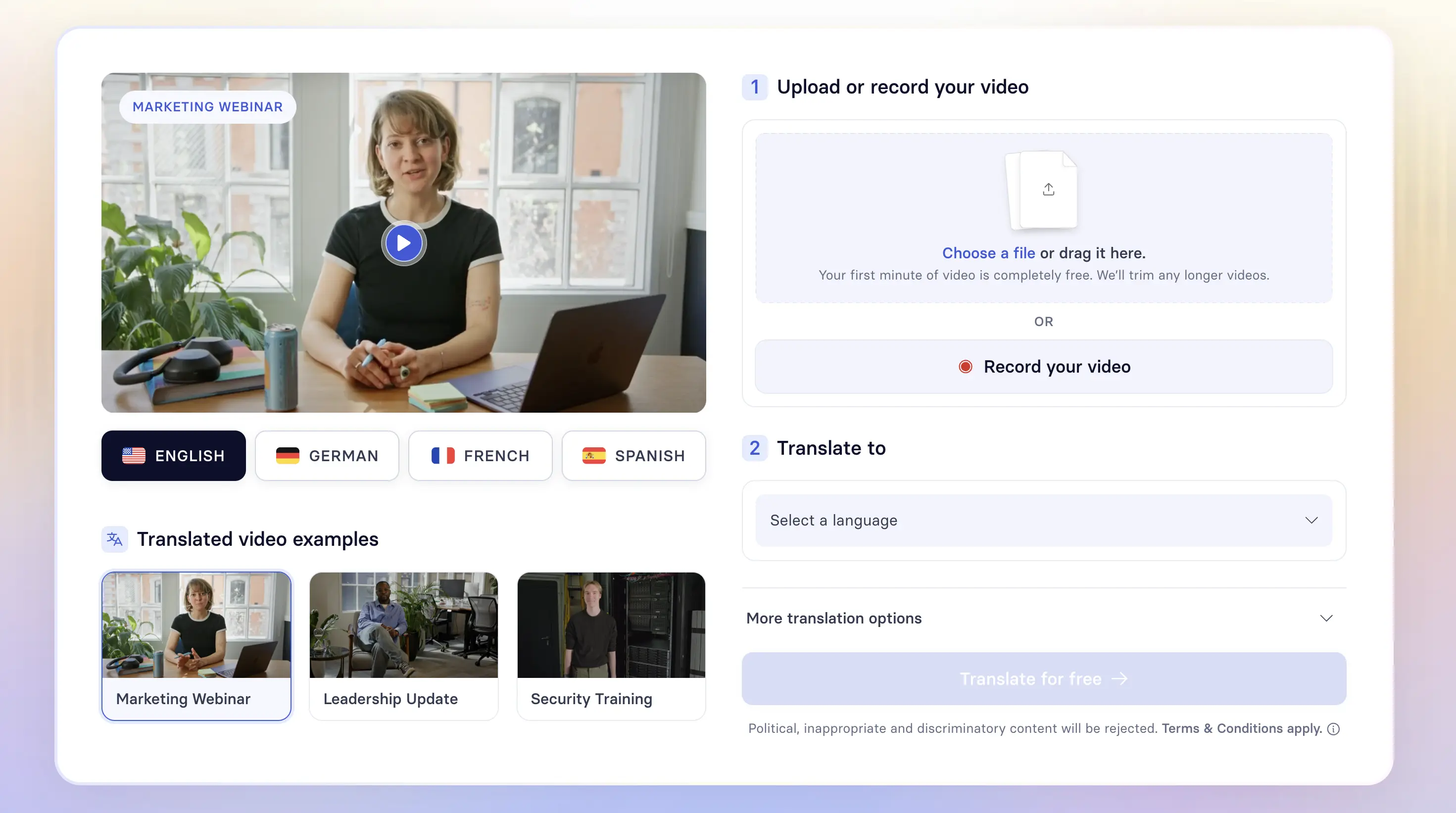 The web page of Synthesia's AI video dubber.