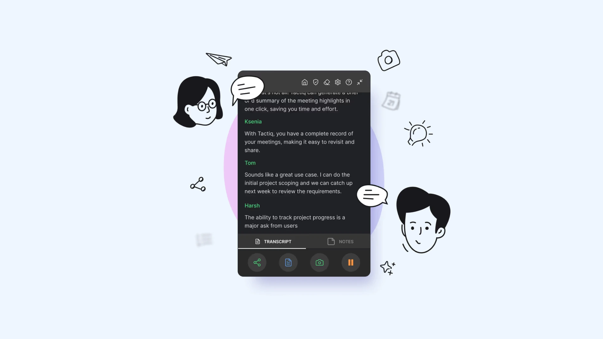 Tactiq AI note taker app interface showing a live meeting transcript.