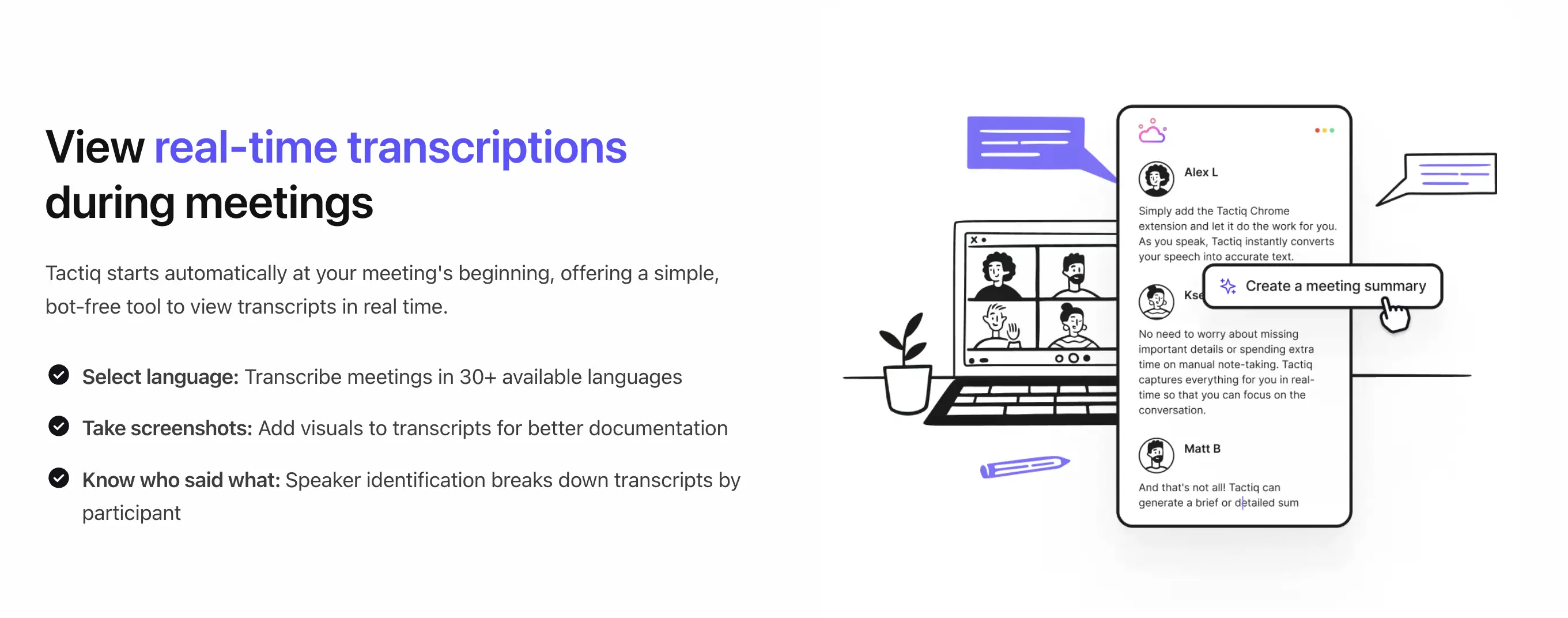 The web page of Tactiq meeting transcription app.