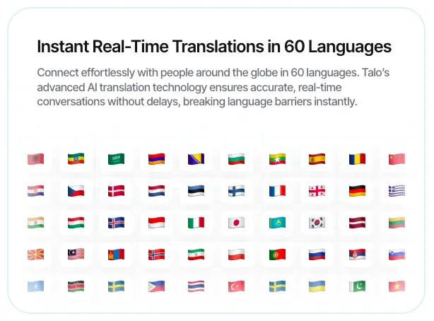 The homepage of Talo showcasing supported languages for live translation.