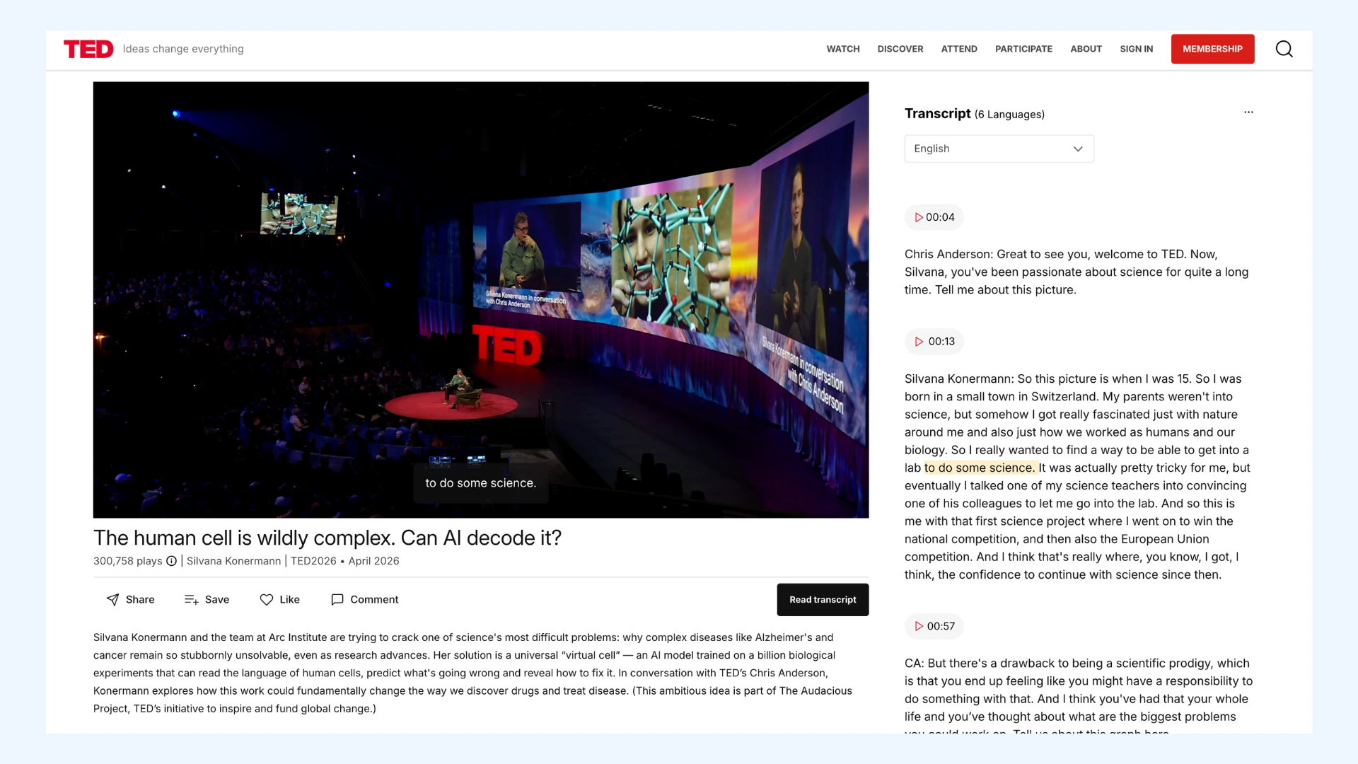 A TED Talk video webpage featuring an interactive transcript panel on the right.