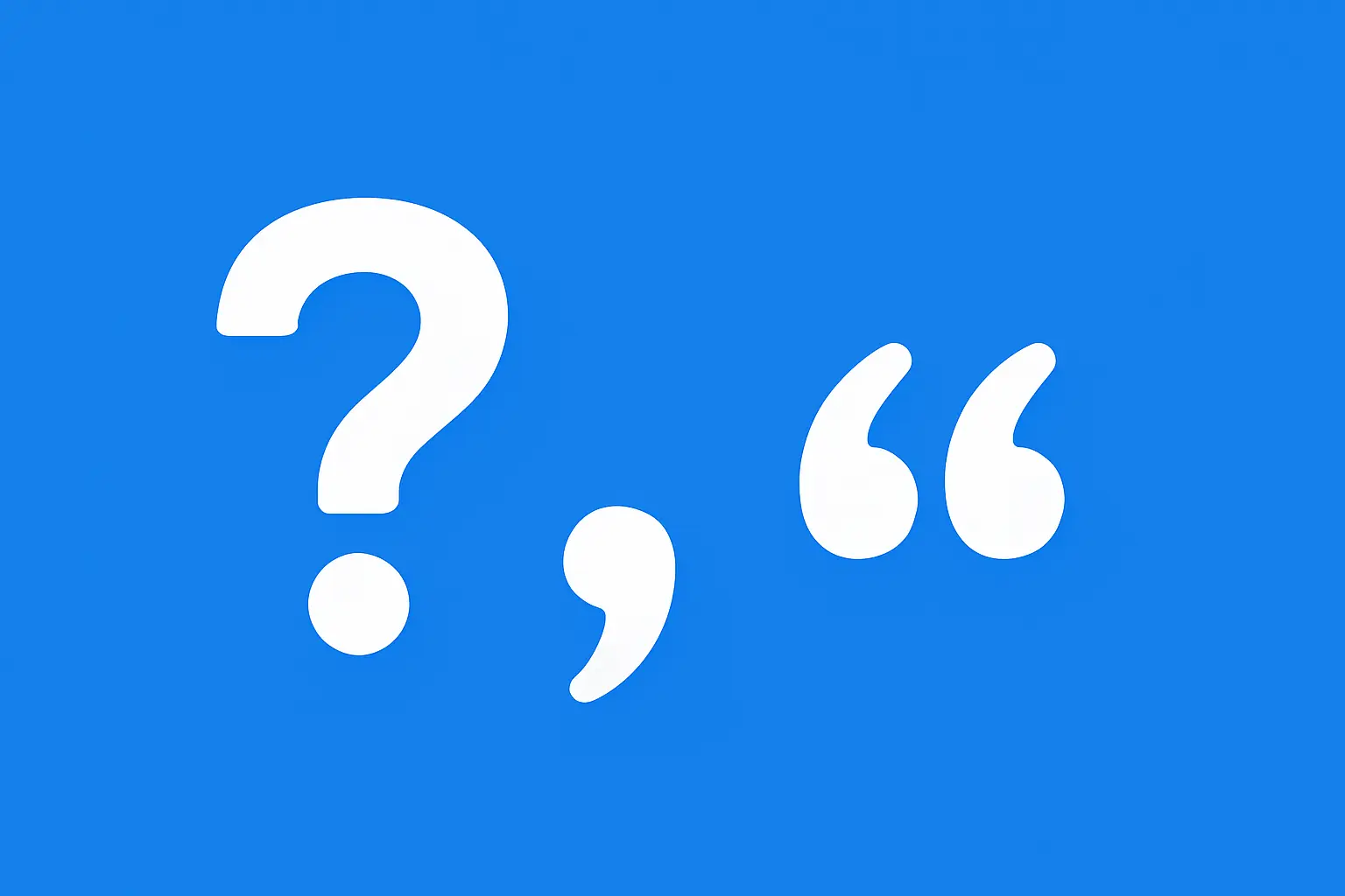 Large, white punctuation marks on blue background.